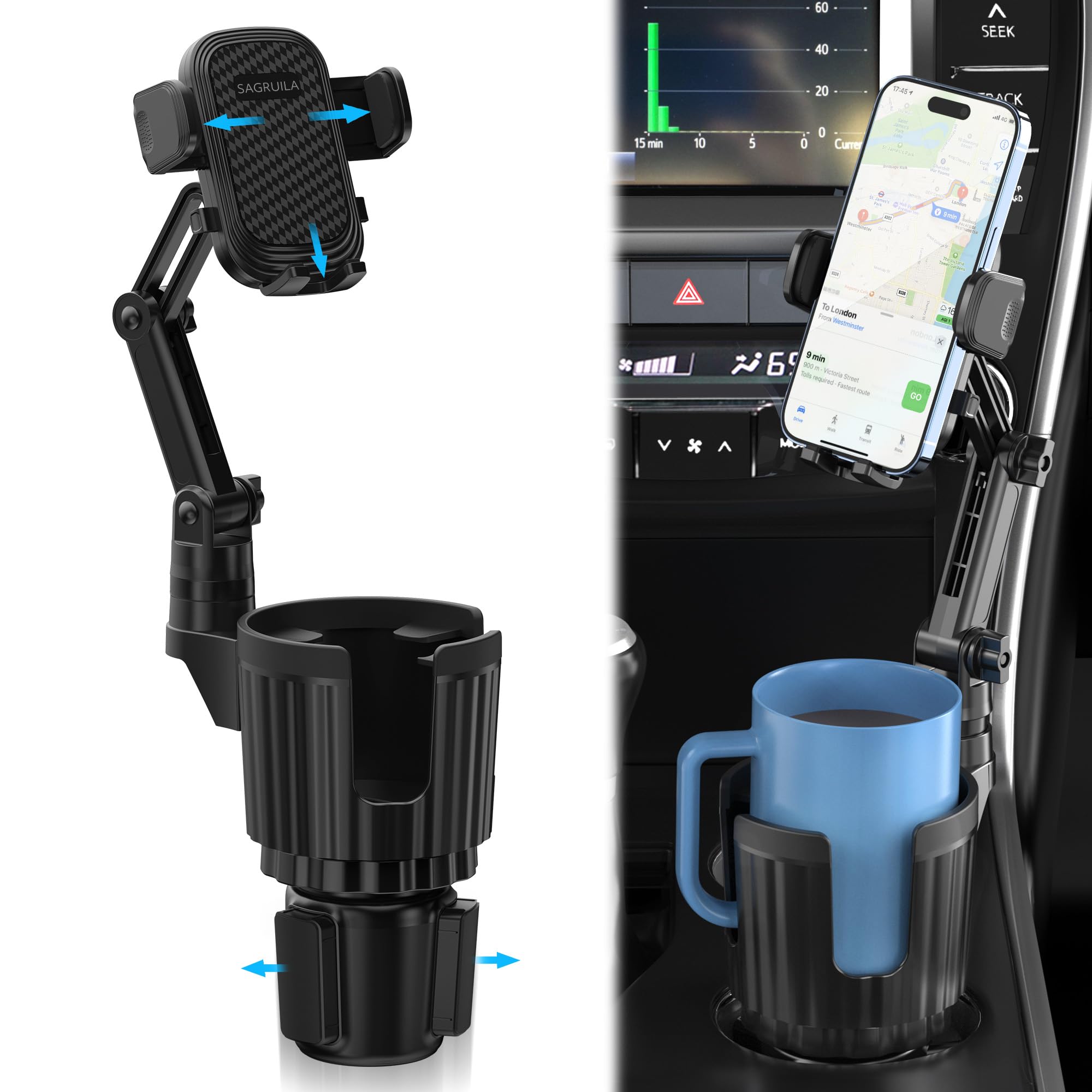Sagruila Phone Holders For Your Car Cupholder, Car Cell Phone Mount With Cup Holder Expandable Base, 2 In 1 Car Phone Holder Mount, 360 Degree Rotating Neck, Fits All 4-7” Smartphones And Most Bottles, 1 Pack