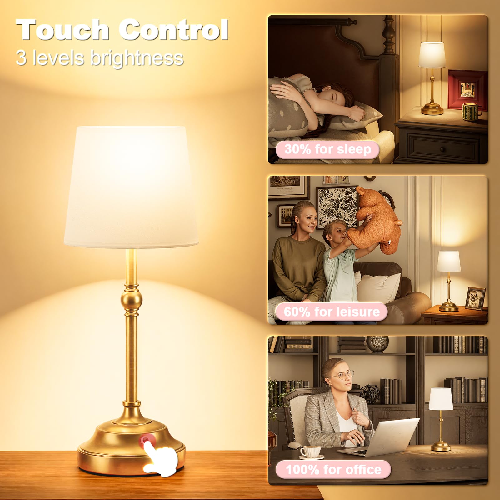 Volisun Cordless Table Lamp, 2 Pack 5200Mah Battery Operated Lamp, Touch Dimmable Wireless Lamp Bedside Light For Bedroom, Living Room, Dining Room (Gold)