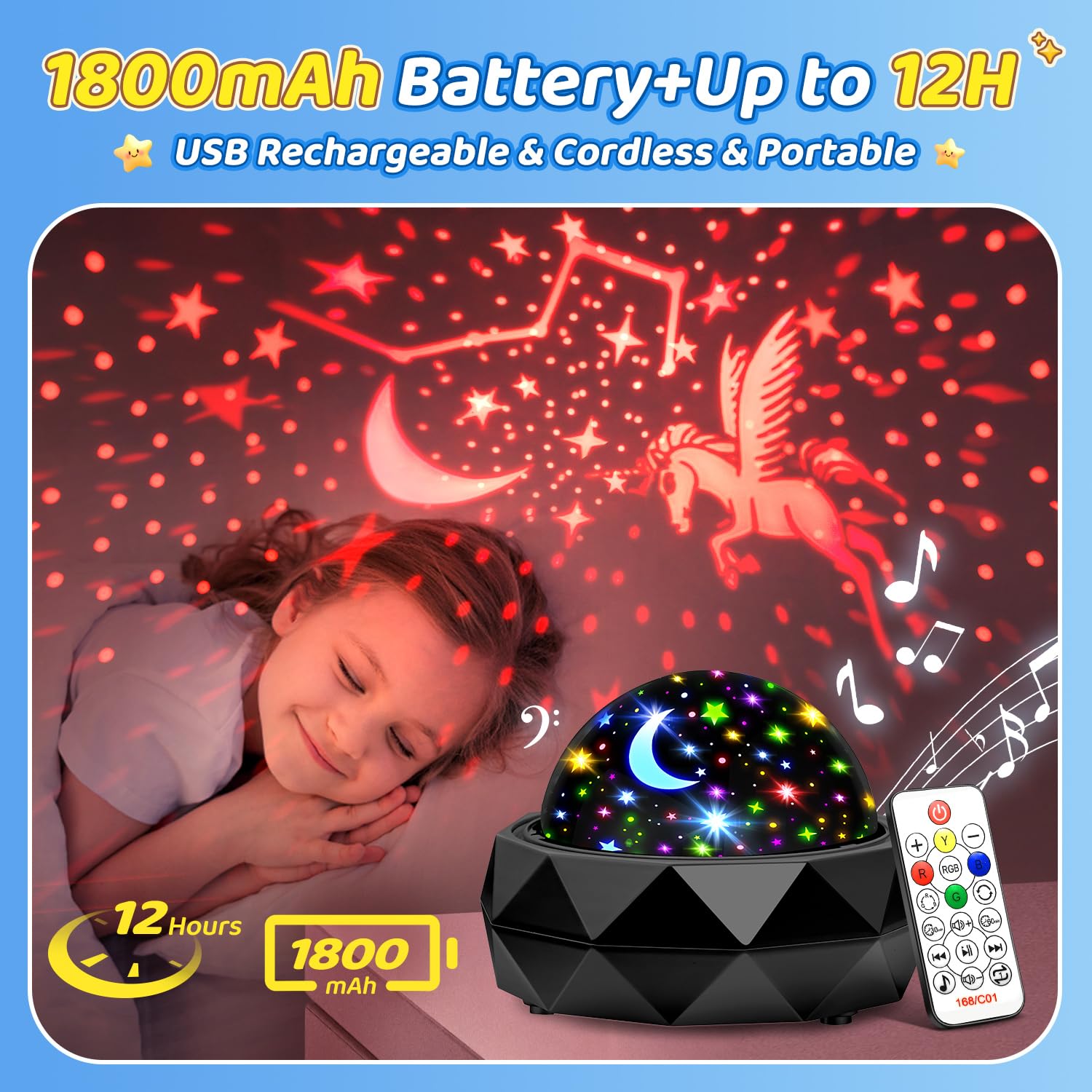 Pikoy Night Light Projector For Kids Room - 15 Colors, 15 White Noise, 3 Films, Remote - Rechargeable Star Lights For Ceiling, Bedroom -