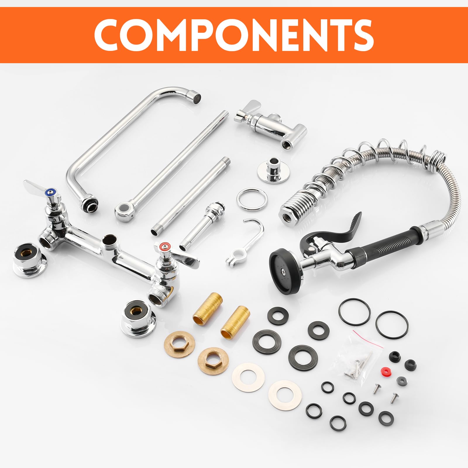 Aplwy 25" Height Commercial Faucet Wall Mount With Sprayer 8" Adjustable Center 12" Swing Spout, Wall Mount Kitchen Sink Faucet With Pull Down Pre-Rinse Sprayer For 1/2 Compartment Sink