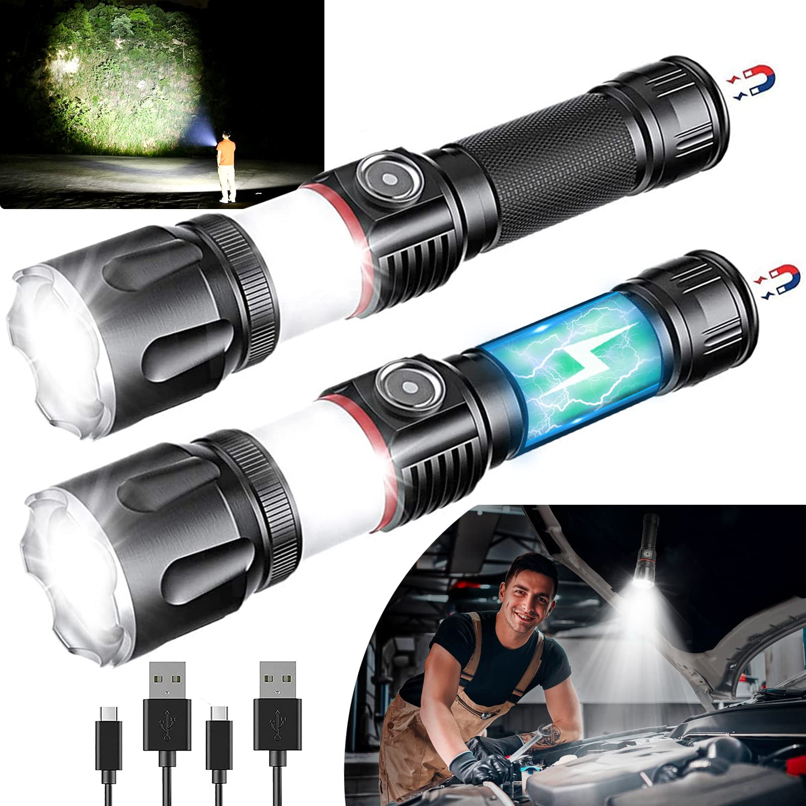 Punlim Led Rechargeable Flashlight, Portable Bright Tactical Flashlights, Magnetic Flashlight With 360°Cob Light, Zoomable, Waterproof, 4 Modes Lights For Camping Emergencies Car Walking (2 Pack)