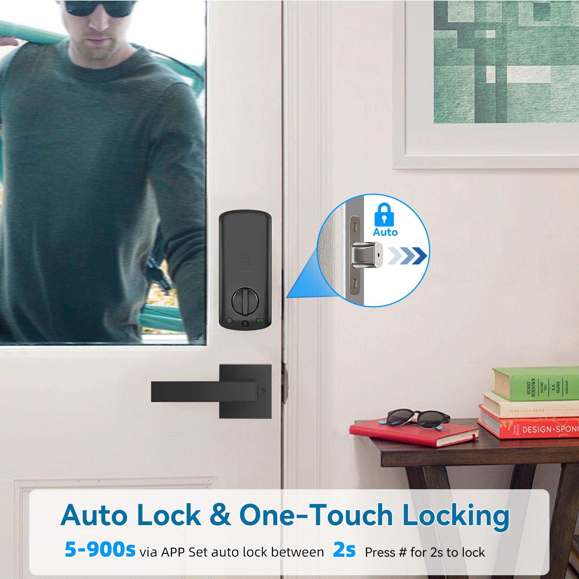 Bebasia Keyless Entry Door Deadbolt With Handle Set, Fingerprint App Smart Door Lock, Digital Keypad Bluetooth Deadbolt Lockset With Auto Lock Code Fob Black