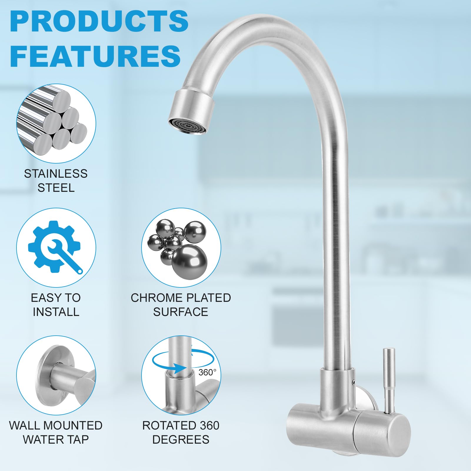 Pilipane Kitchen Faucet, Wall-Mounted 360 Rotatable, Stainless Steel, Brushed Chrome, Silver