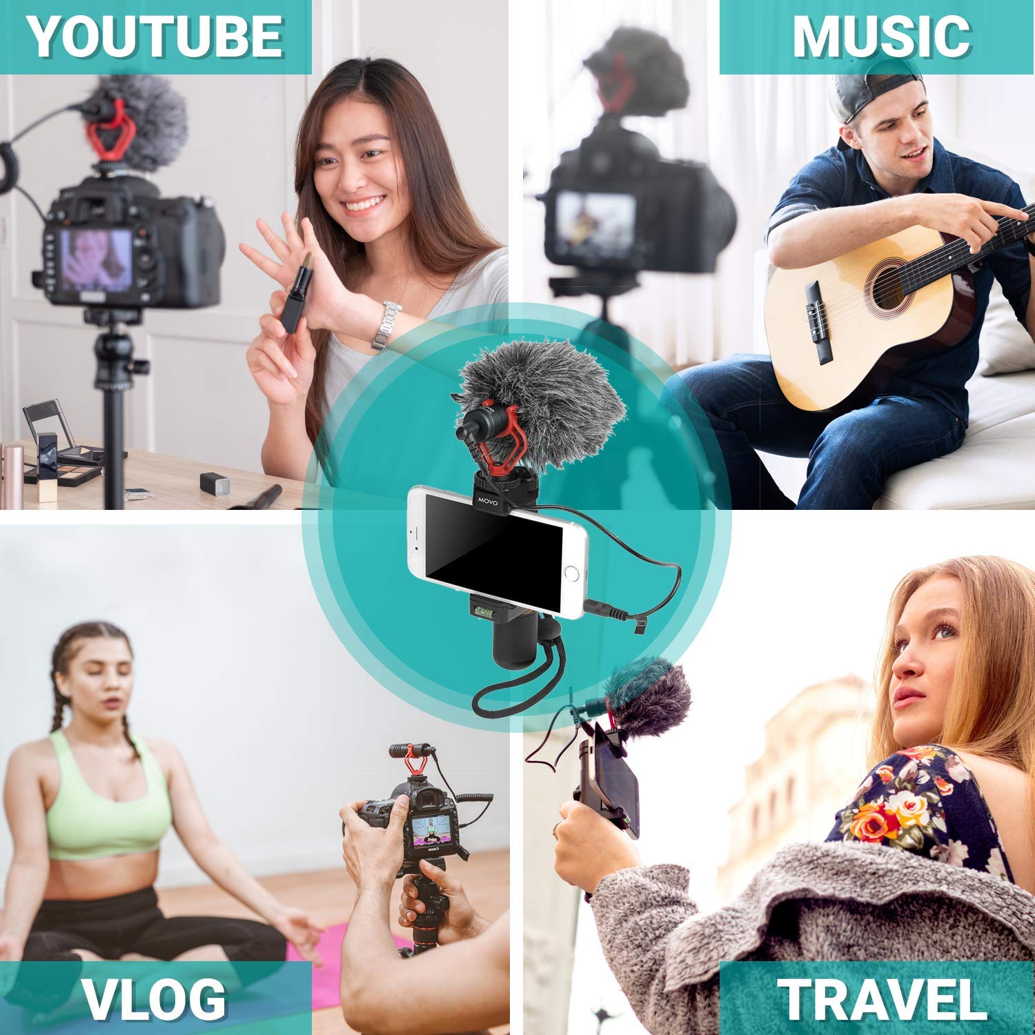 Movo Smartphone Vlogging Kit For Iphone With Shot Microphone, Grip Handle, Wrist Strap For Iphone And Android Smartphones For Tik Tok, Vlog, Youtube Starter Kit And Content Creator Kit