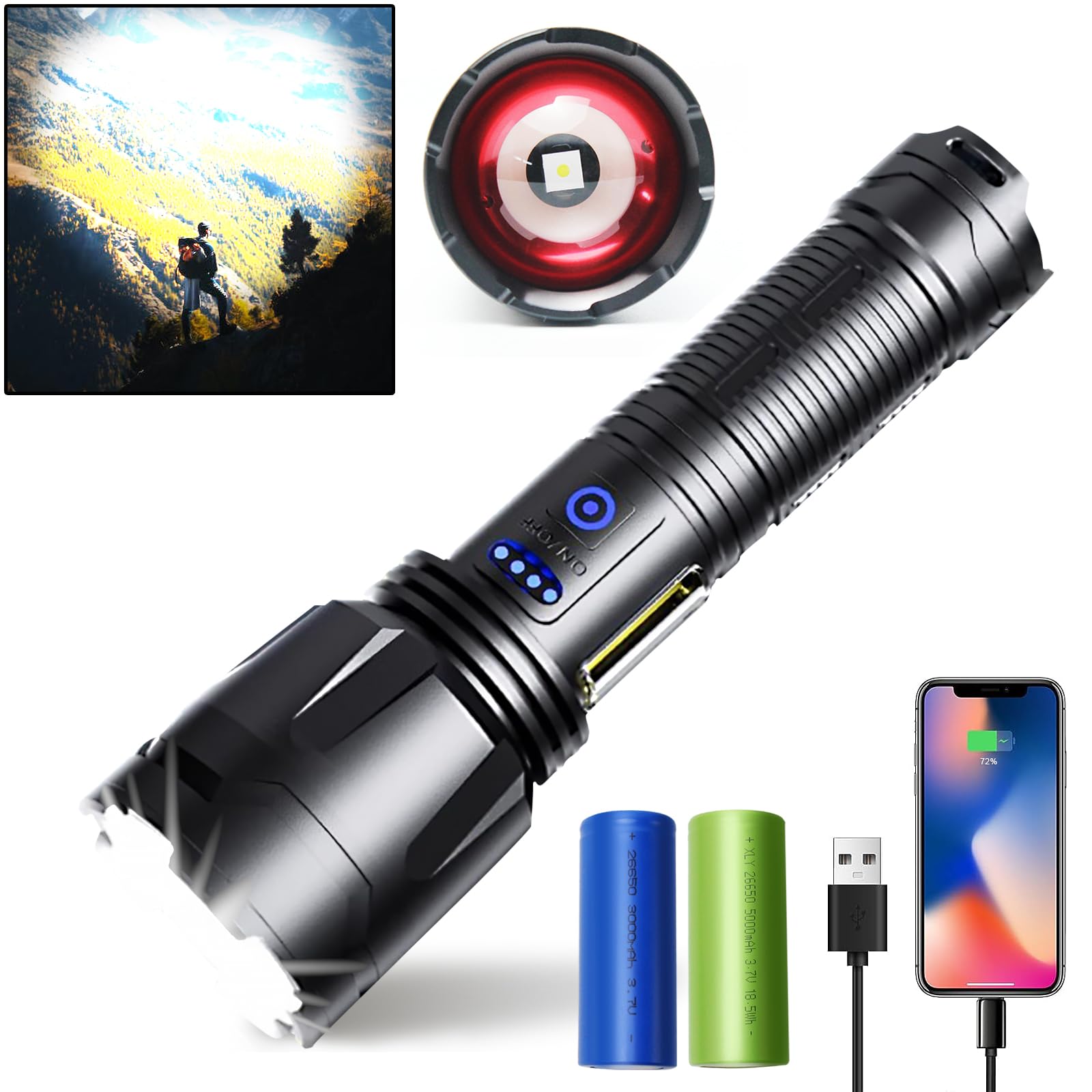 Mmxiang Flashlights High Lumens Rechargeable,300000 Lumens Super Bright Flashlights, 7 Modes With Cob Work Light, Zoomable, Ip67 Waterproof Flash Light With Cases For Emergency Camping