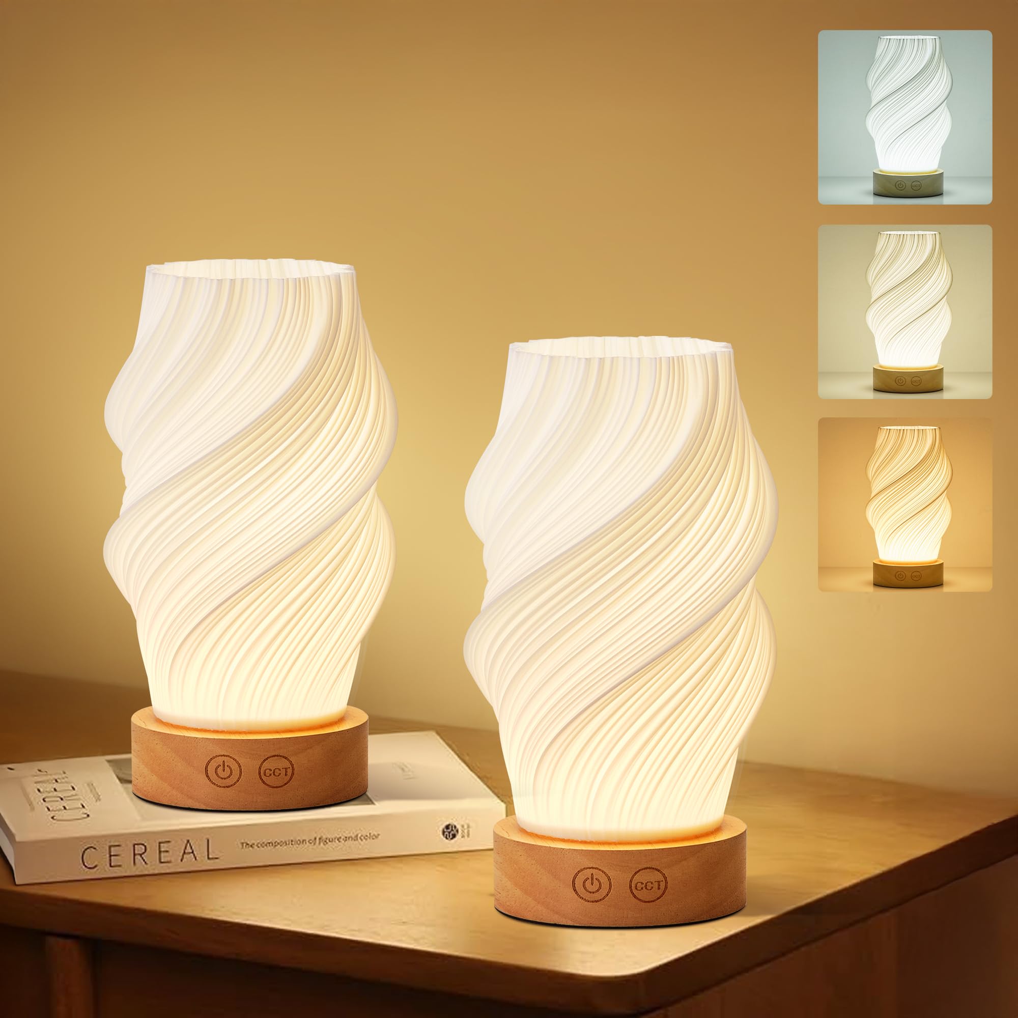Kartoosh Cordless Led Table Lamp Set Of Two, Battery Operated Portable Desk Lamp, 3 Color & Dimmable, Modern Rechargeable Table Light For Living Room,Bedroom,Bedside, White, 8.6Inch
