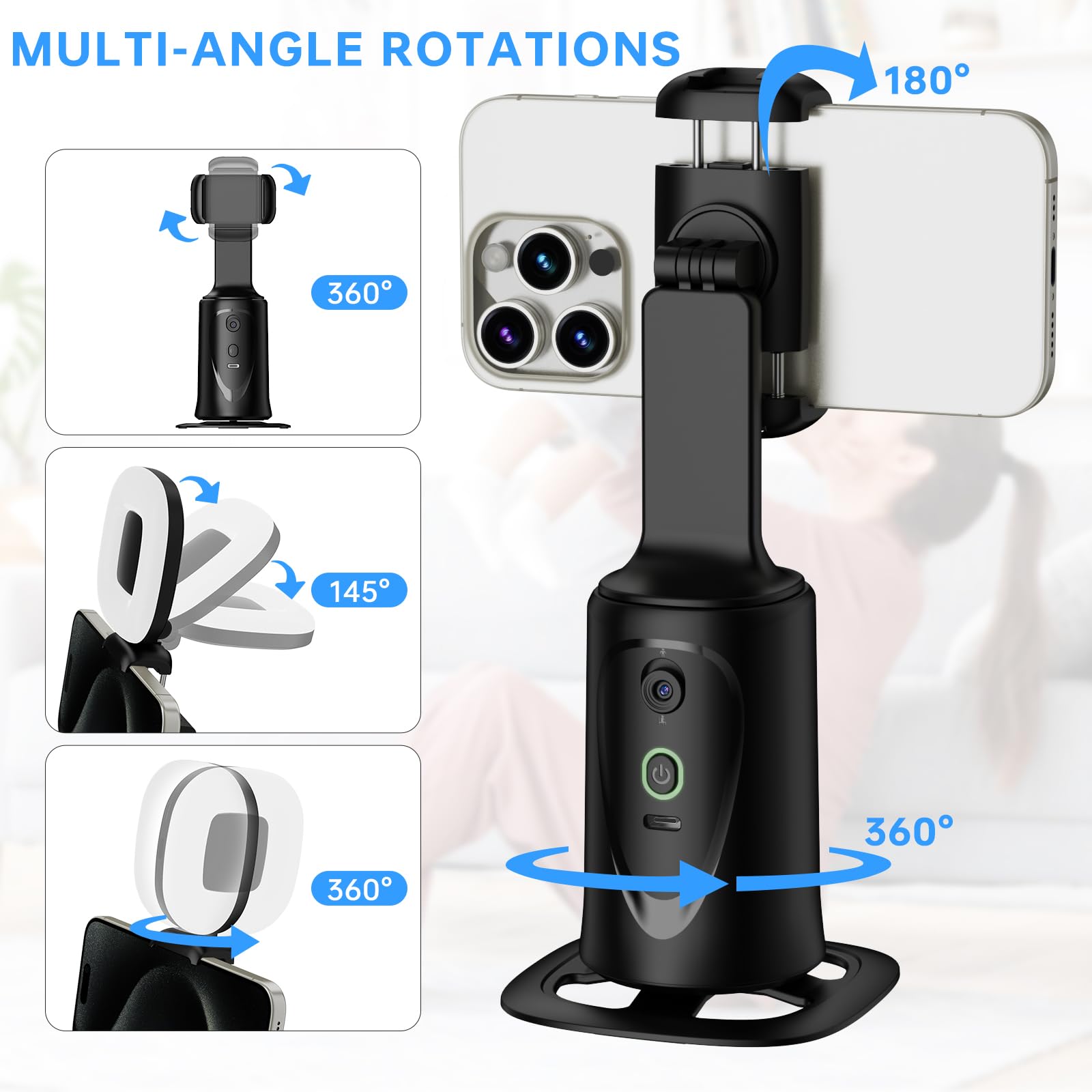 Herclear Auto Face Tracking Tripod 360° Rotation Phone Stand, No App, Face Body Phone Camera Stand With Remote And Gesture Control, Rechargeable Smart Shooting Stand With Light ( Edition)
