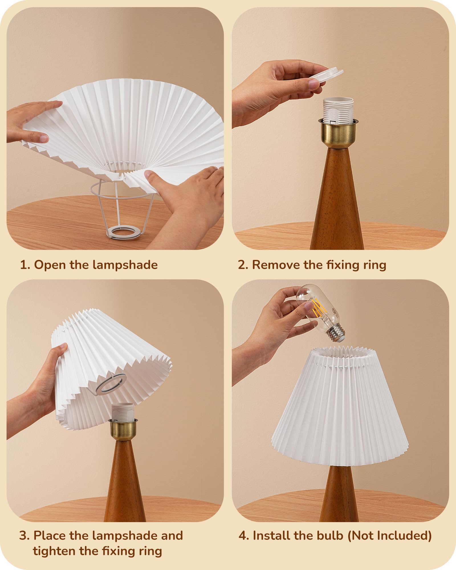 Edishine 13.58" Small Table Lamp, Wooden Base Nightstand Lamp, White Pleated Lampshade, Space-Saving Modern Bedside Lamp For Nursery Kids Room Bedroom Living Room, E26, On-Off Button, Dark Rosewood