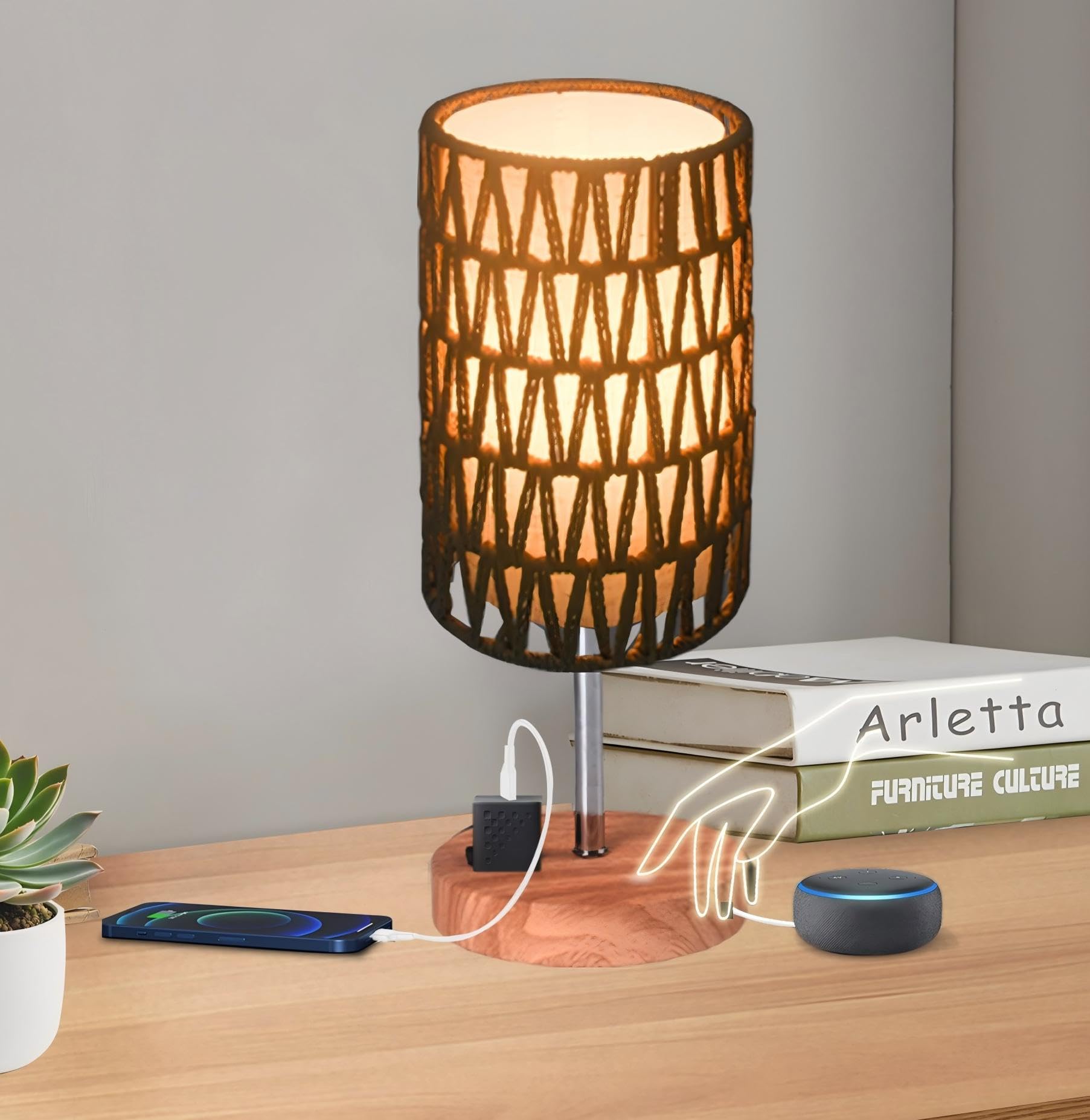 Ruhaieba Touch Table Lamp For Bedroom, 3 Way Dimmable Bedside Lamp With Usb C+A Ports And Linen Shade, Small Lamps For Night Stands Living Room Office, Led Bulb Included (Rattan Linen)