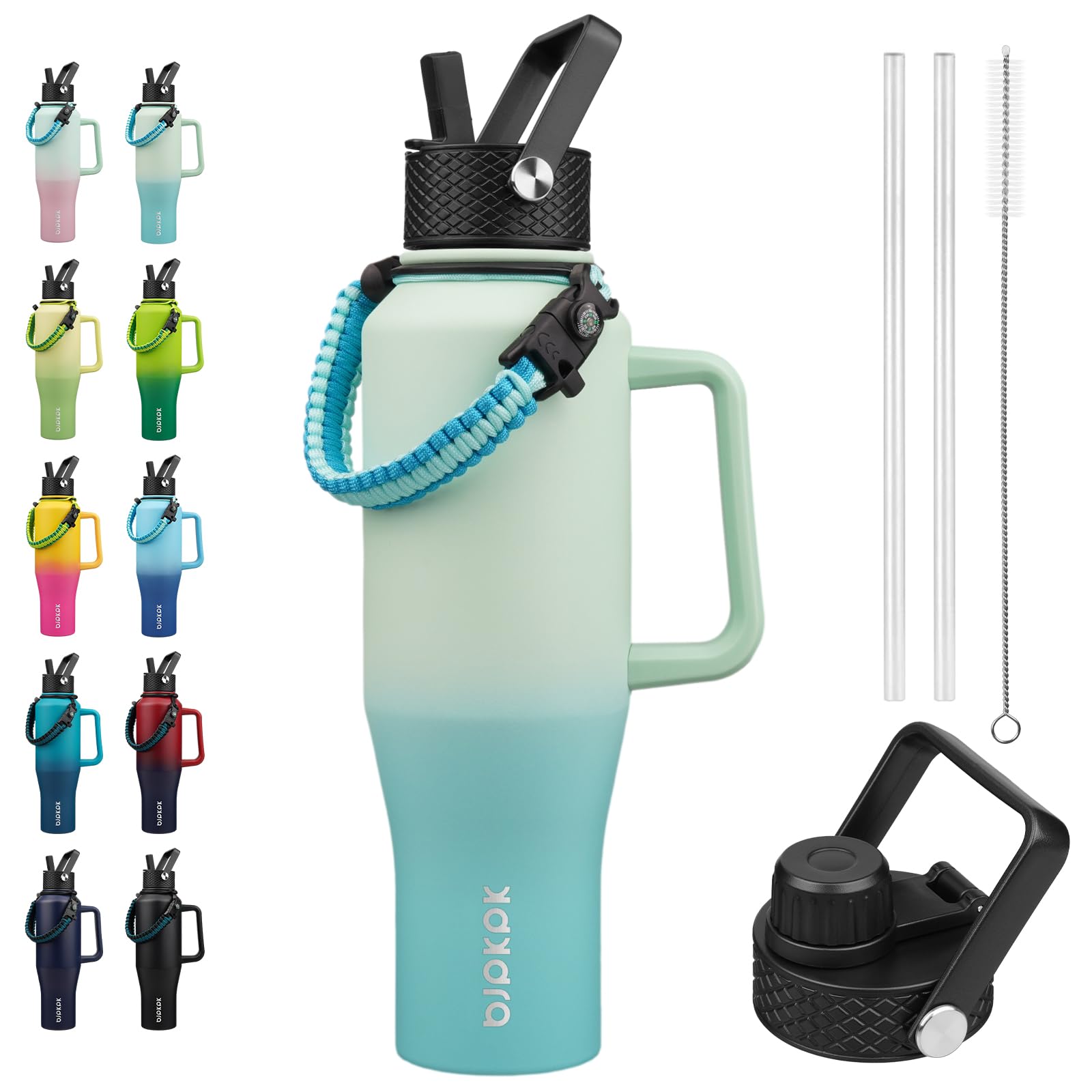 Bjpkpk Insulated Water Bottles With Straw Lid, 40Oz Metal Water Bottle With 2 Lids & Paracord Strap