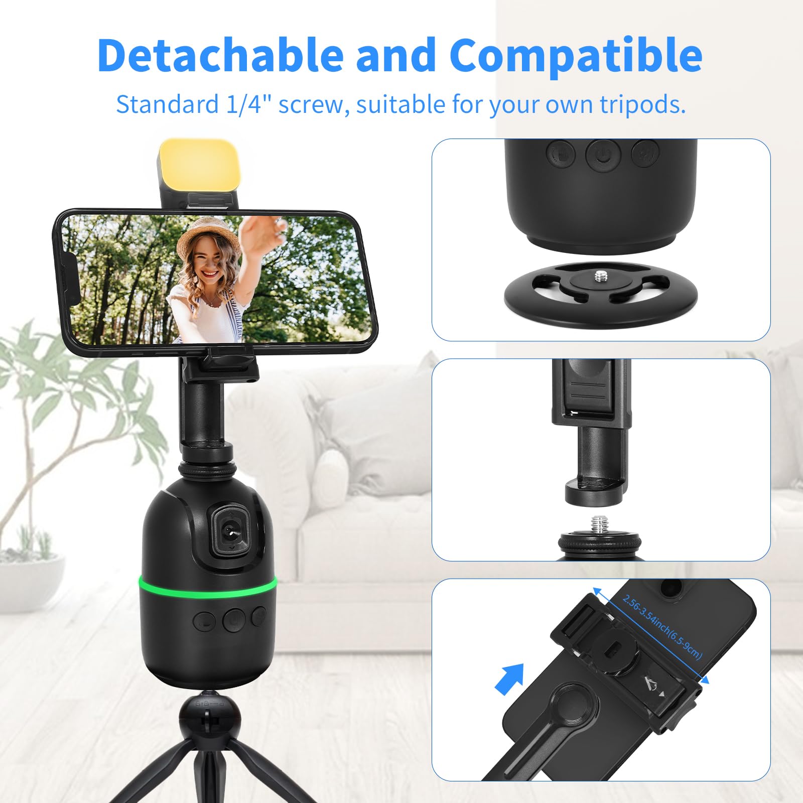 Kozyone Auto Face/Body Tracking Tripod, No App Required, 360° Rotation Phone Holder With Fill Light, Auto Tracking Phone Stand, Smart Gesture Control, For Vlog, Tiktok, Streaming, Zoom