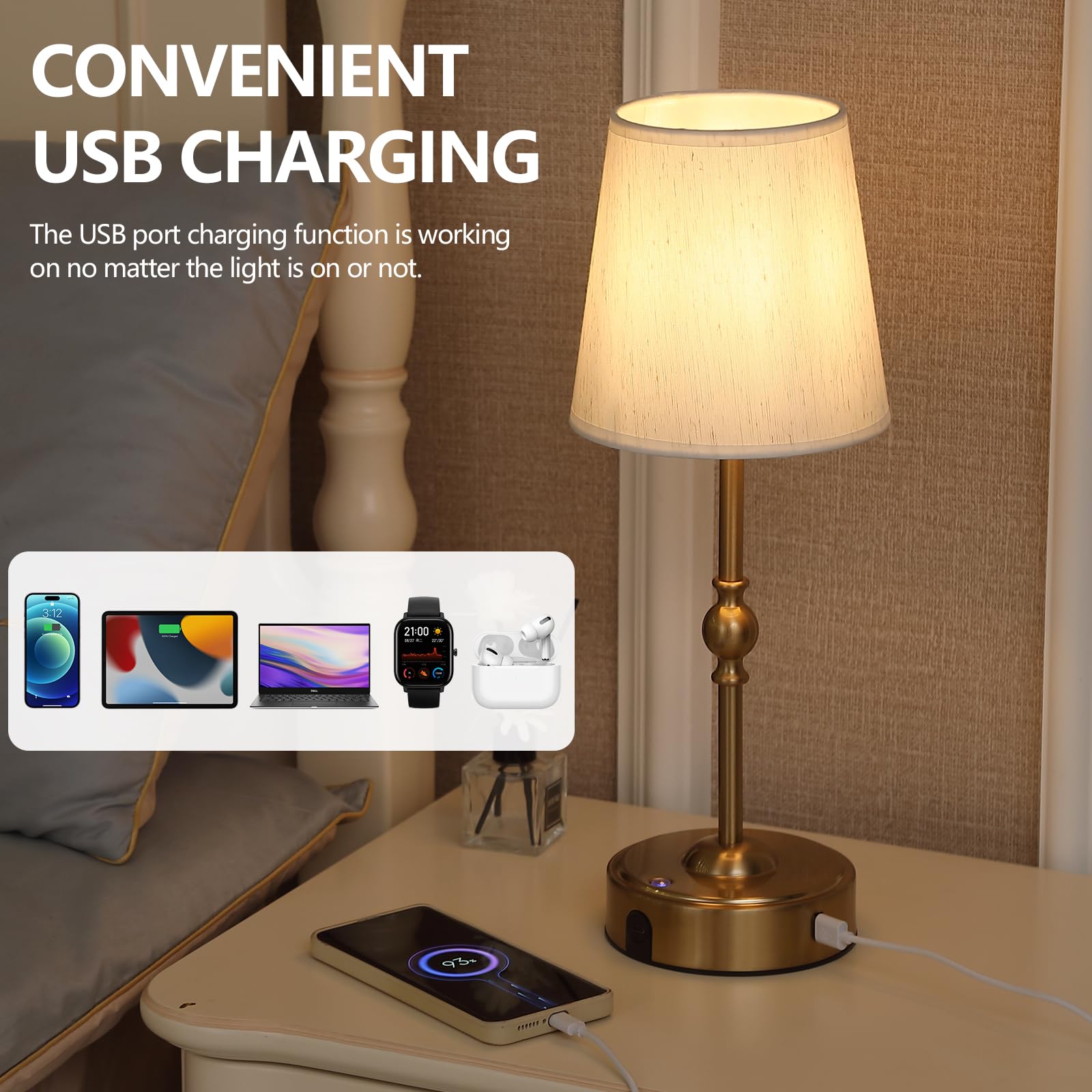 Meixisue Cordless Rechargeable Led Table Lamp,Nightstand Lamp,Antique Brass Portables Outdoor Desk Lamp,With10000Mah Battery Dimmer,For Bedroom Bedside Balcony Camping Bar Rv Home Decor