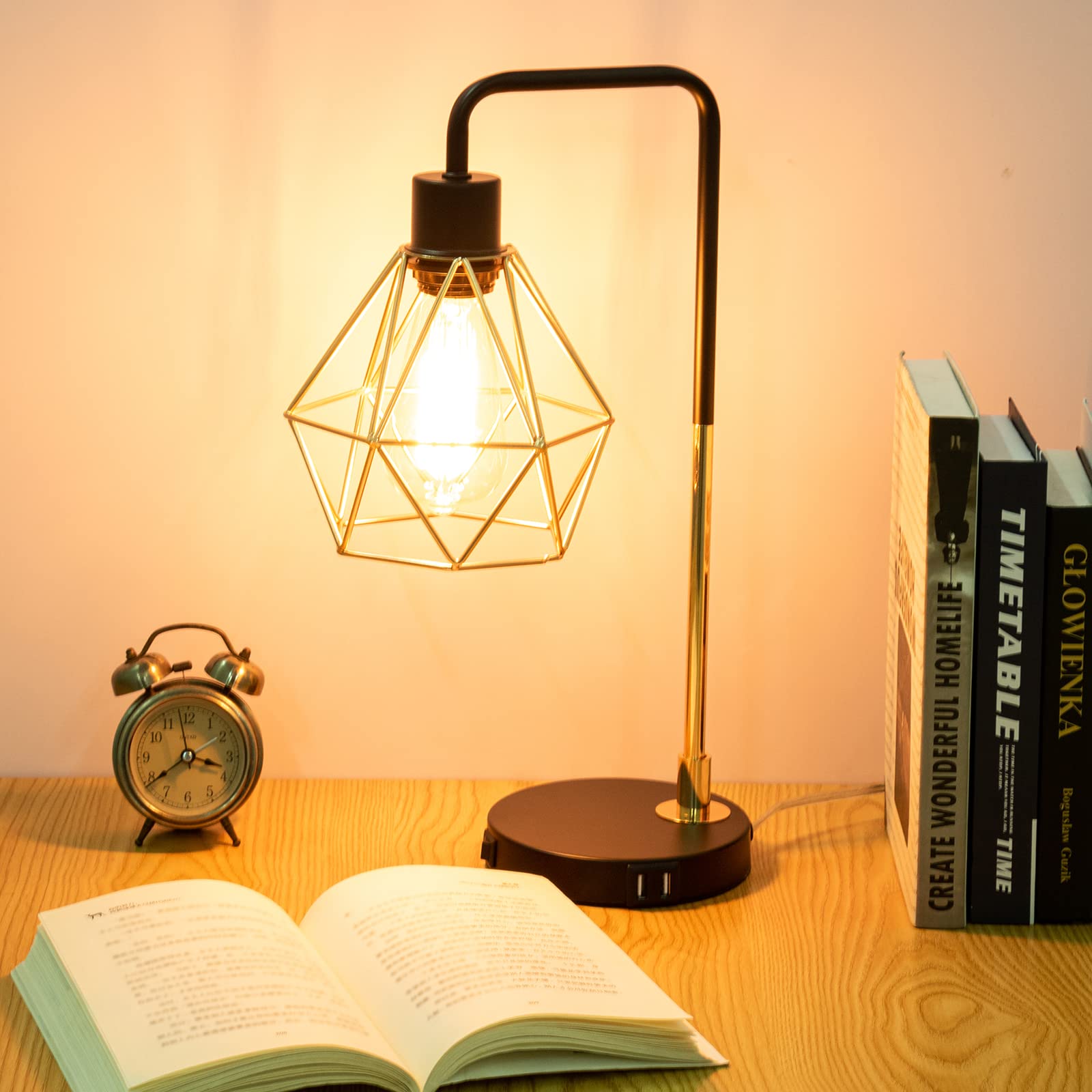 Cotulin Touch Control Black Gold Table Lamp,Modern Industrial Desk Lamp With 2 Usb Charging Ports,3-Way Dimmable Bedside Nightstand Vintage Metal Cage Reading Lamp For Bedroom Living Room Office Study