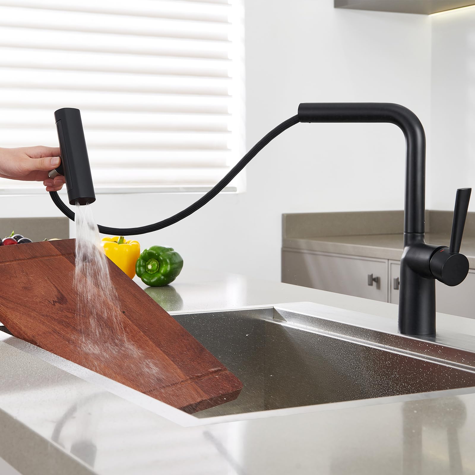 Aktines Waterfall Kitchen Faucet With Pull Down Sprayer, 4-Way Stainless Steel Sink Faucet For Kitchen, Bar, Laundry & Rv, Matte Black