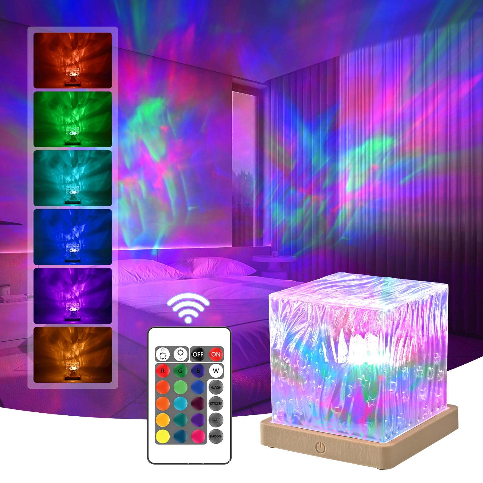 Shenjia Pwwj Northern Lights Projector: 16 Color Gradual Changing Luminor Cube Lamp, This Crystal Lamp Serves As Both Ocean Wave Projector And Galaxy Grojector, Making It Perfect For Bedroom And Party Decor