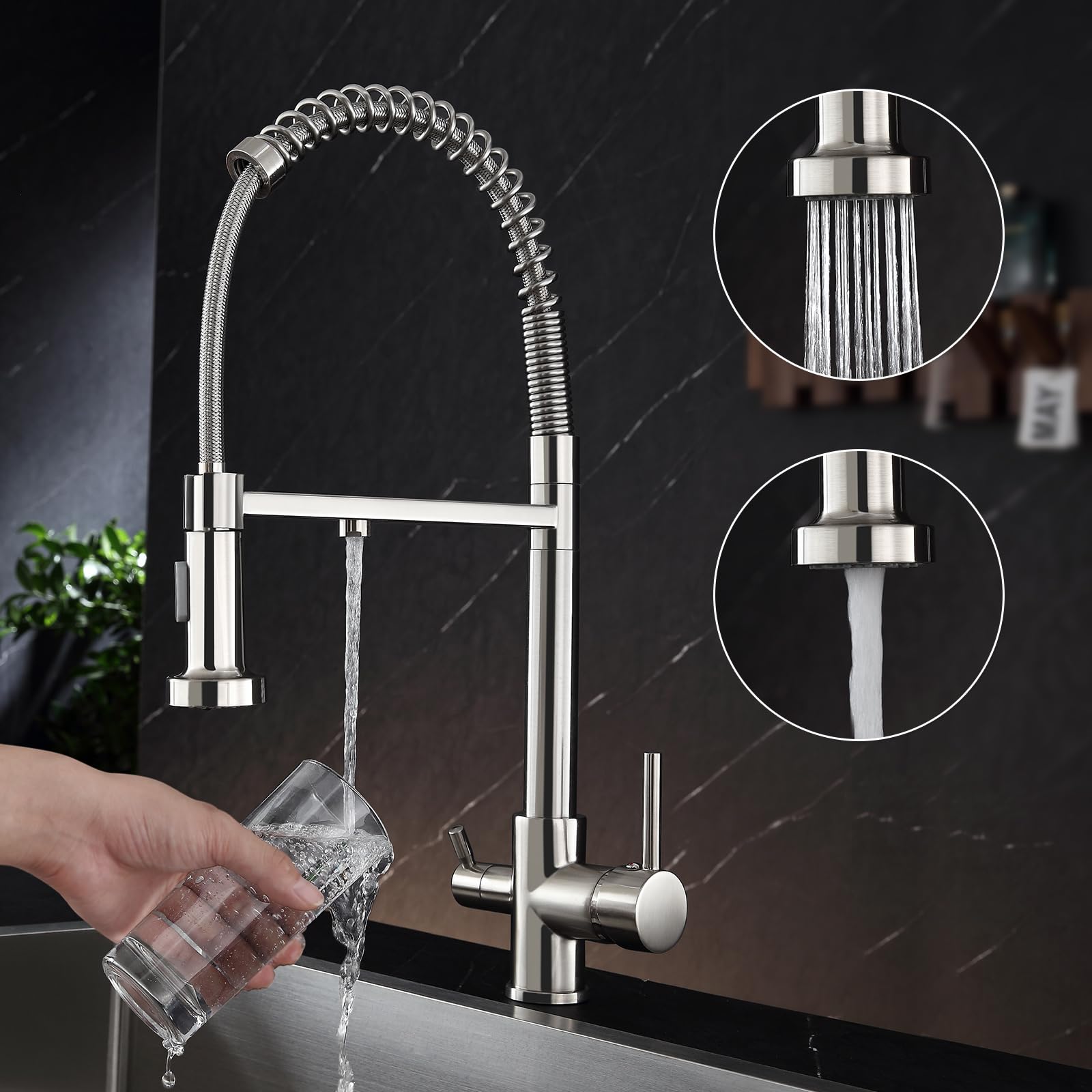 Kinkib Pull-Out Kitchen Faucet With Water-Filter-Faucet - Kitchen Sink Faucet With 2 Spray Modes, Ro System Compatible, Dual Handle Lead- Brass Design, Brushed Nickel