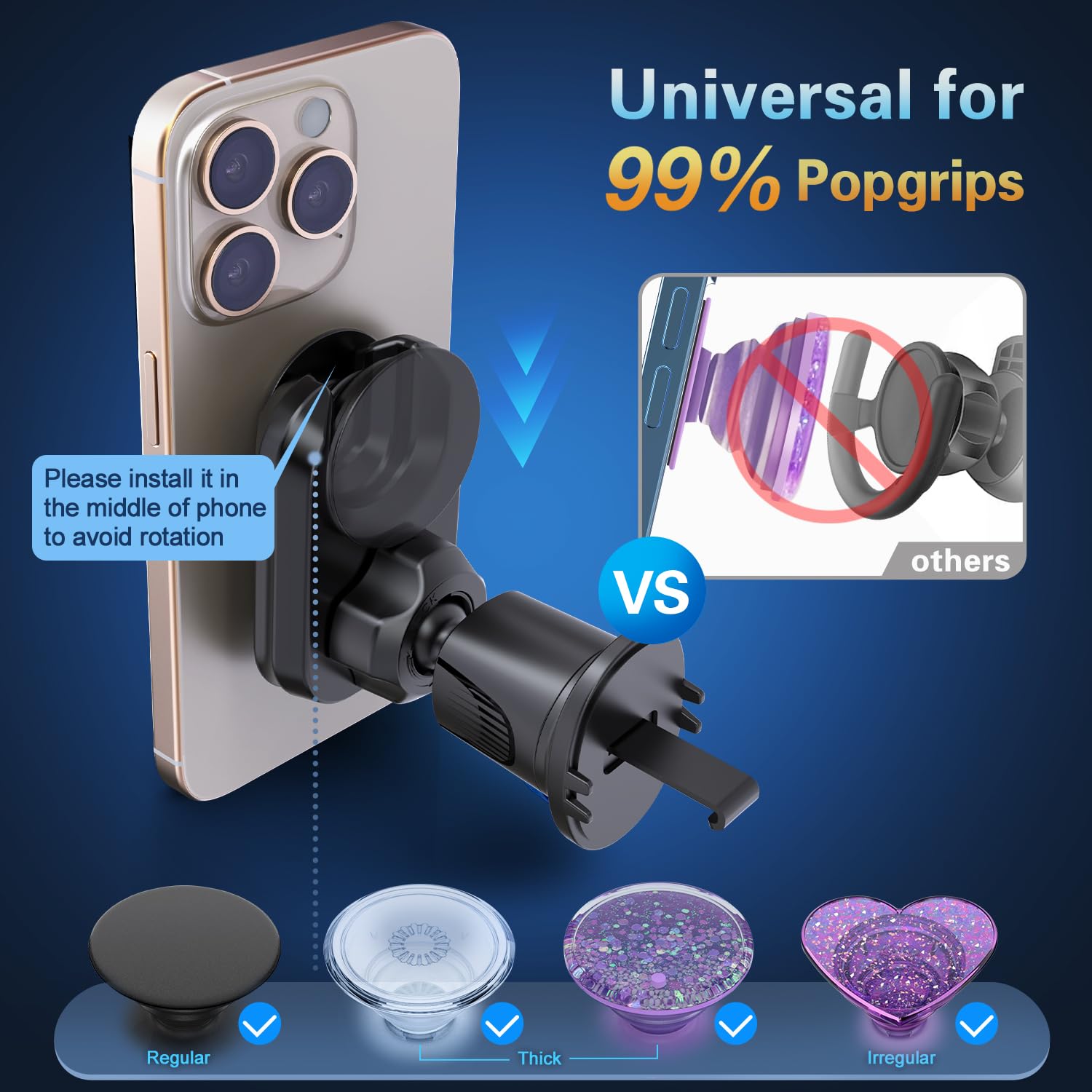 Pop-Tech Car Vent Phone Mount For Thick Socket Grip, Air Vent Clip Phone Holder Compatible With Magsafe Wallet Black & Iphone Samsung Card Holder, Cellphone Stand With Sticky Adhesive