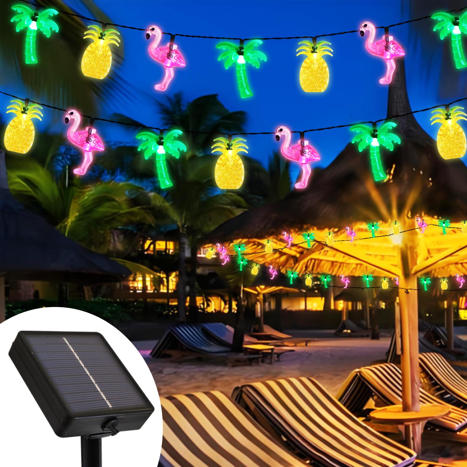 Curyidy Summer Tropical Party Decorations Hawaiian String Lights, 30Led Flamingo Pineapple Palm Tree Solar String Lights Outdoor, Beach Themed For Pool, Love Island, Luau Party Decor
