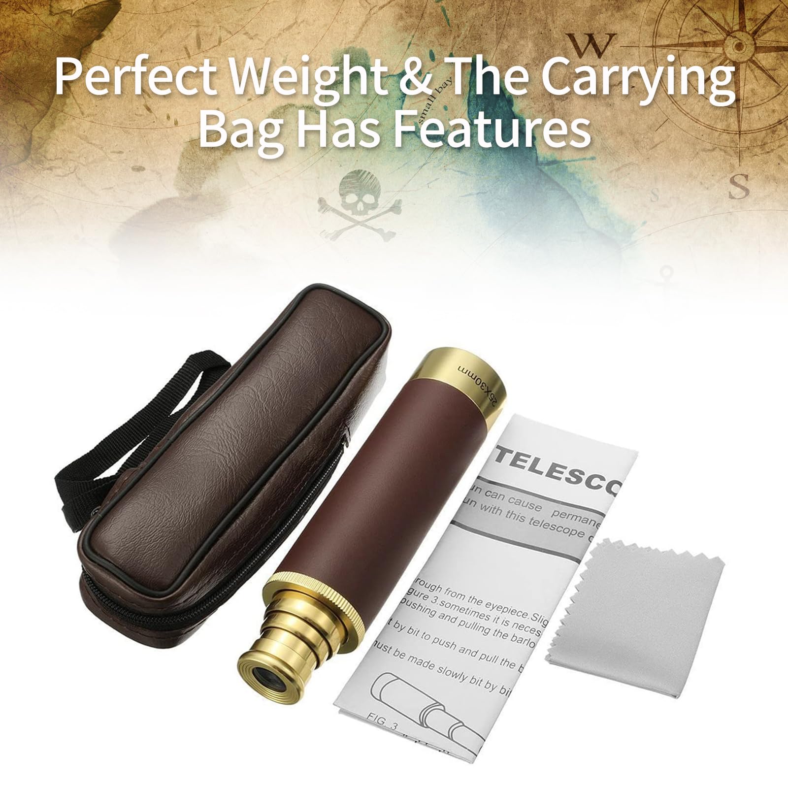 doar 25X30 Zoomable Monocular Vintage Pirate Telescope - Waterproof Aluminum Alloy Brass Adjustable Optics Telescope For Travel Navigation Sailing Voyage View Watching Games(Gold)