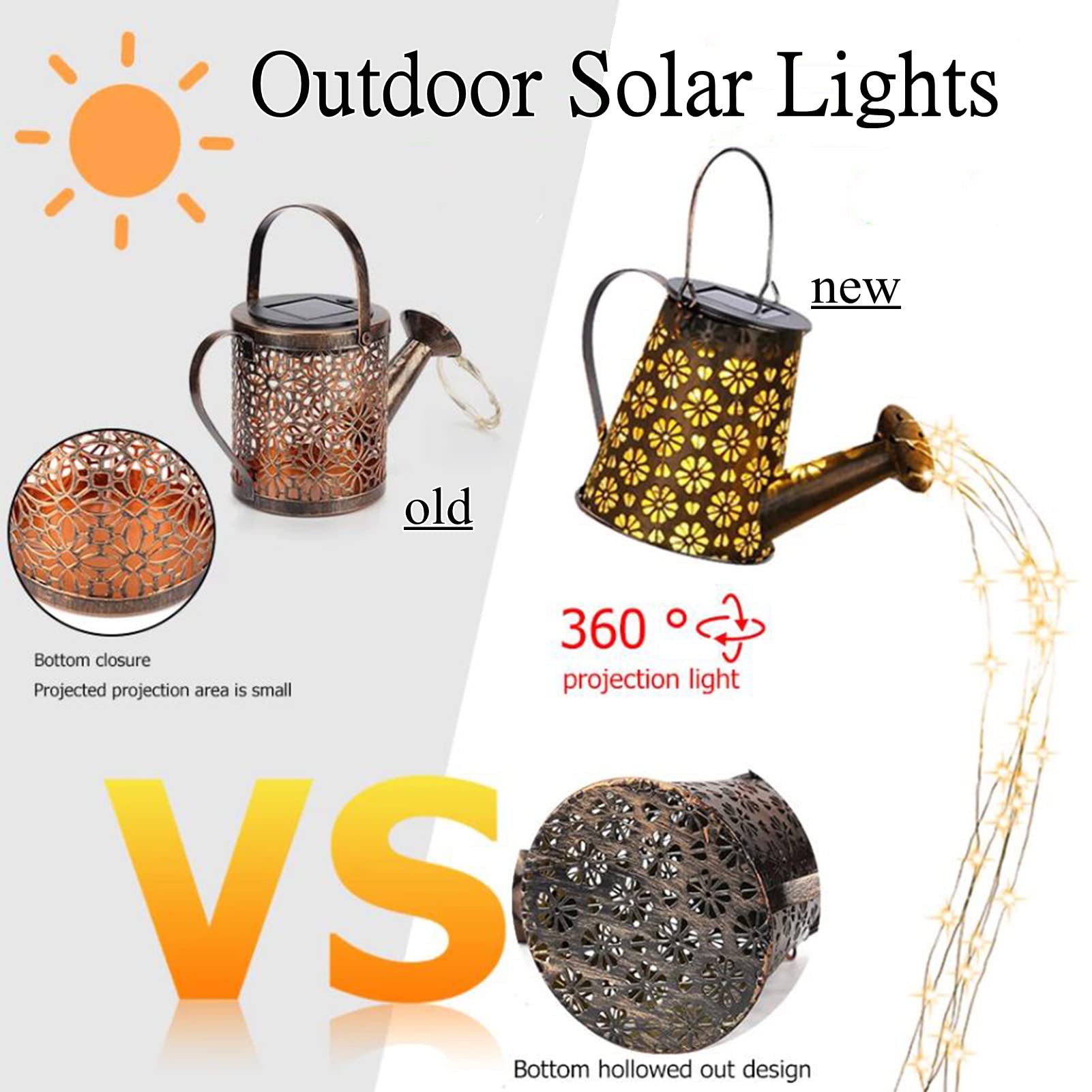 Sitiepa Solar Watering Can With Cascading Lights, Adorable Outdoor Hanging Solar Lantern, Durable Metal Waterproof Garden Lights Cute Addition For Garden Yards Rose Bush Patio Pathway Party