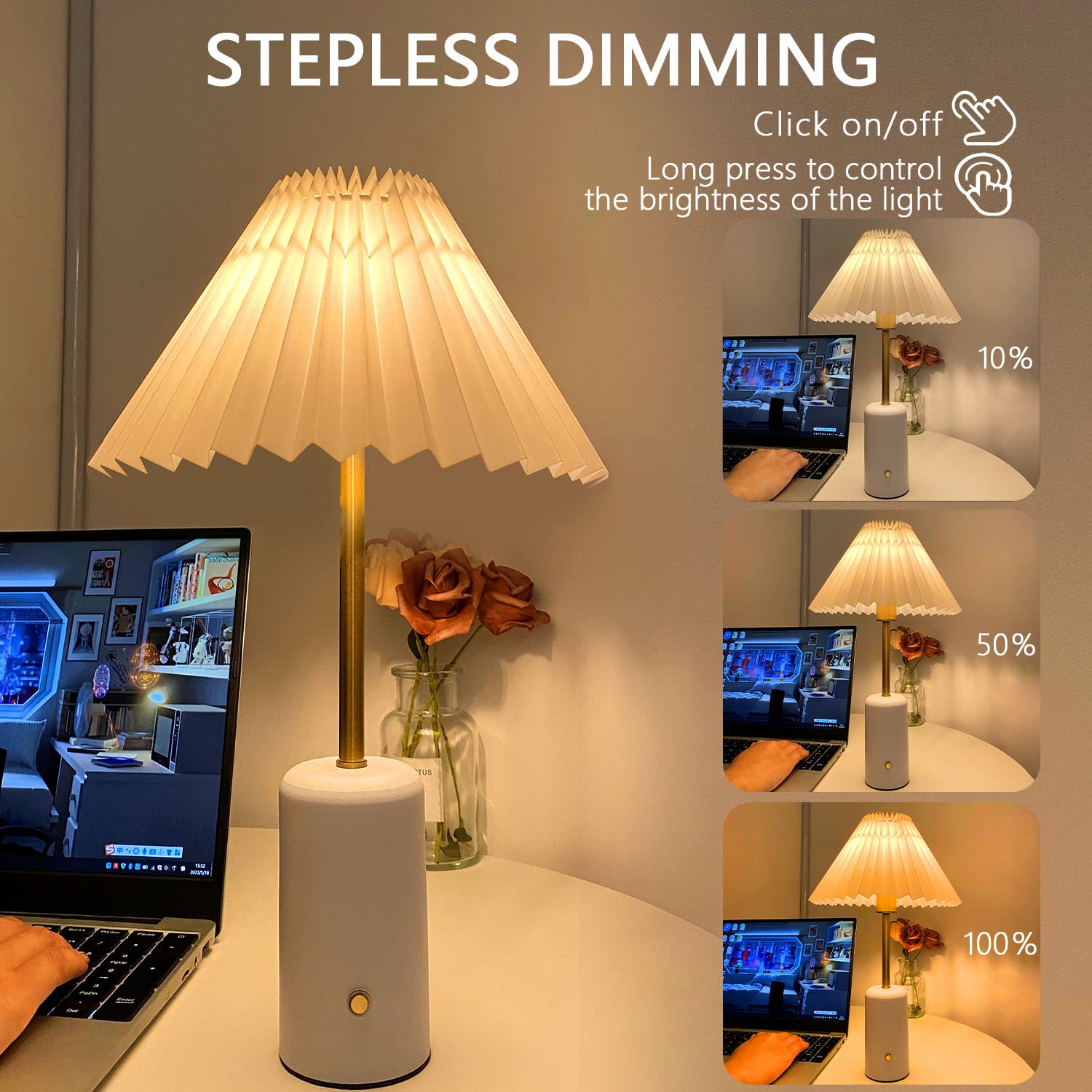 Chloranthus Cordless Table Lamp, Touch Control Stepless Dimming, 5000Mah Rechargeable Battery Pleated Desk Lamp For Bedroom/Bedside/Living Room/Kids Room With G45 Led Bulb (White)