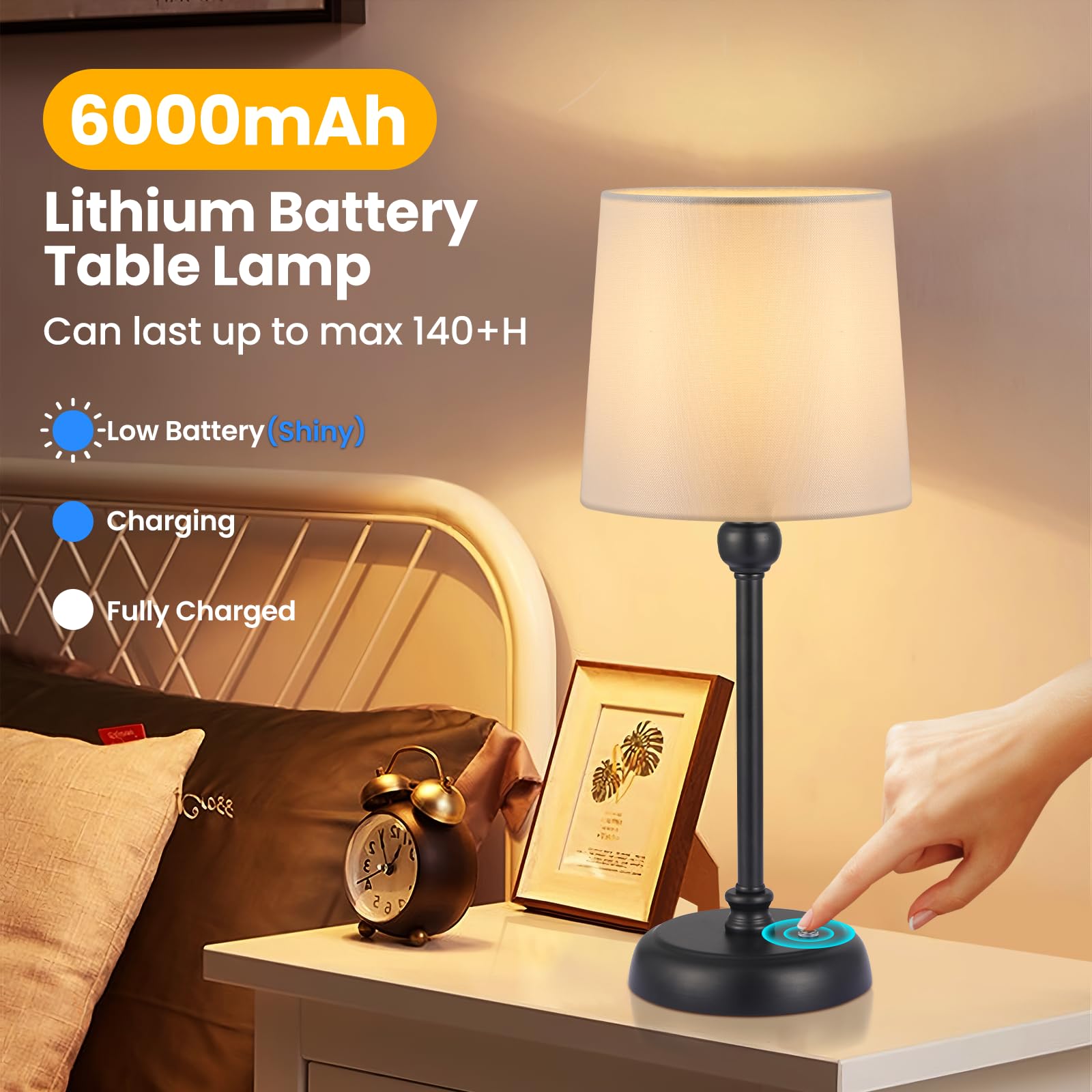 Kanweis Cordless Led Table Lamp, 6000Mah Rechargeable Battery Small Portable Bedside Lamp, Touch Stepless Dimmable Patio Ambient Table Light For Restaurant Office Bedroom(Black, High)