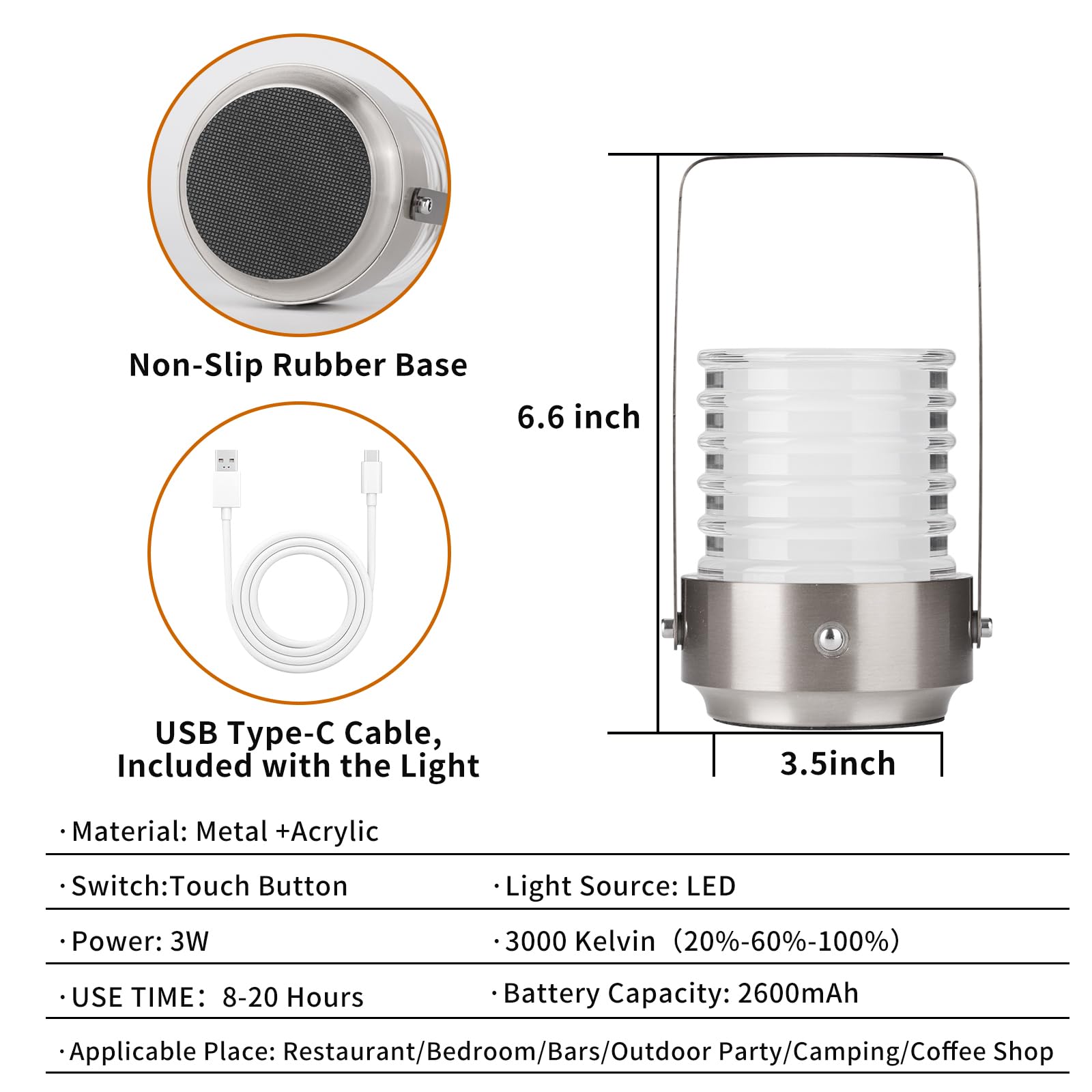 Hapygi Portable Metal Led Table Lamp ,Rechargeable Cordless Lamp, 3-Colour Infinitely Dimming Battery Powered Small Desk Lamp, Restaurant/ Nightstand Lamp/Bar/Coffee Shop/Camping Light (Sliver)