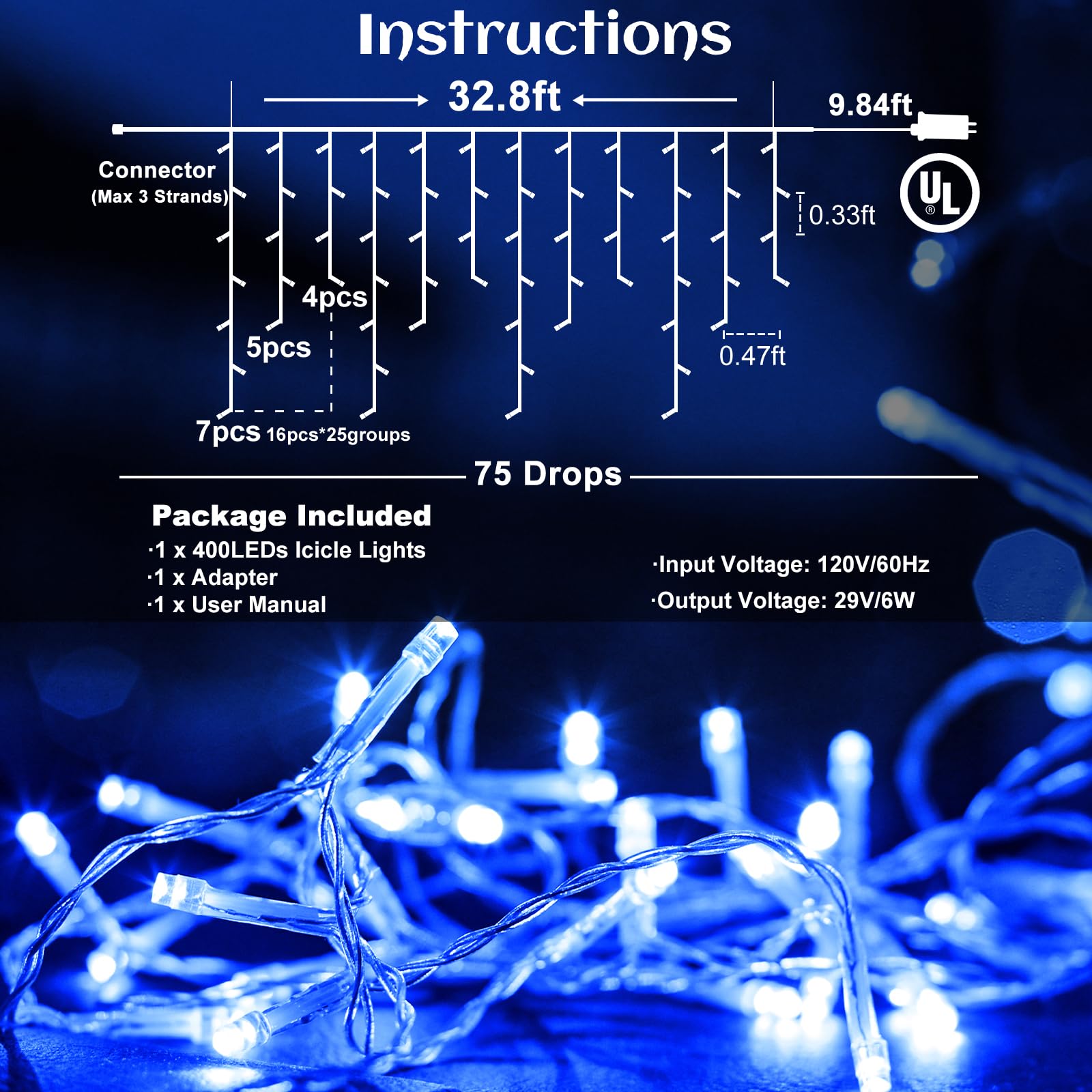 Nielfoi Icicle Lights Outdoor - 33Ft Christmas Lights With 400Led 75 Drops 8 Modes, Plug In Curtain String Lights Waterproof For Holiday Wedding Party Home Garden Bedroom Indoor Outdoor Decoration, Blue