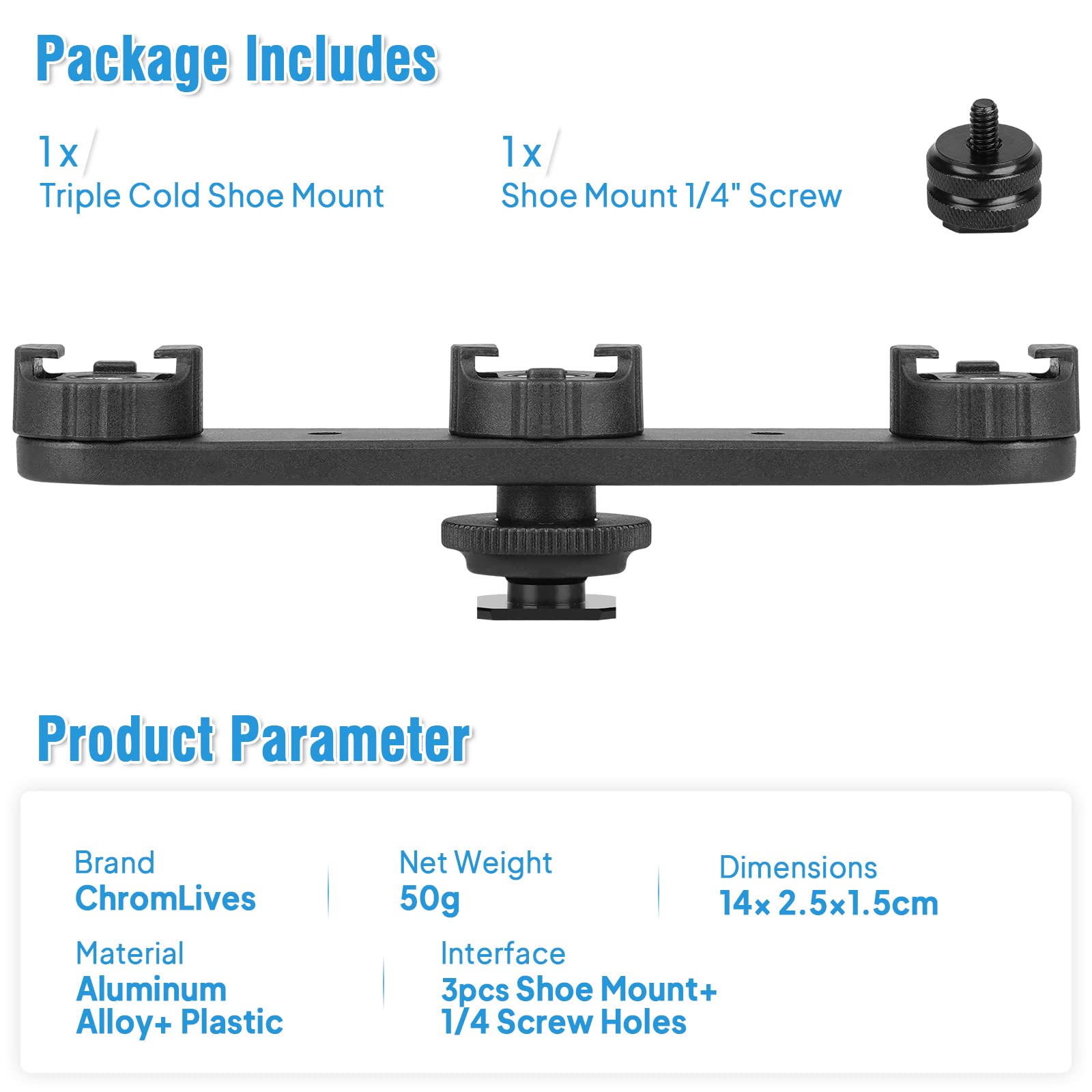 Chromlives Triple Cold Shoe Extension Mount Hot Shoe Base Adapter Extension Bar Bracket With 1/4 Screw For Tripod/Microphone/Led Light Compatible With Canon Sony Cameras…
