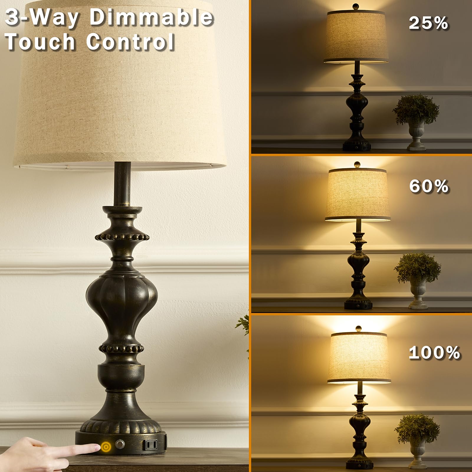 Saiweya 27.5" Farmhouse Table Lamps Set Of 2 Bedside Lamp With Usb C+A Ports & Ac Outlet, 3 Way Dimmable Touch Lamps For Living Room Bedroom Office Hallway Rustic Nightstand Traditional Lamp