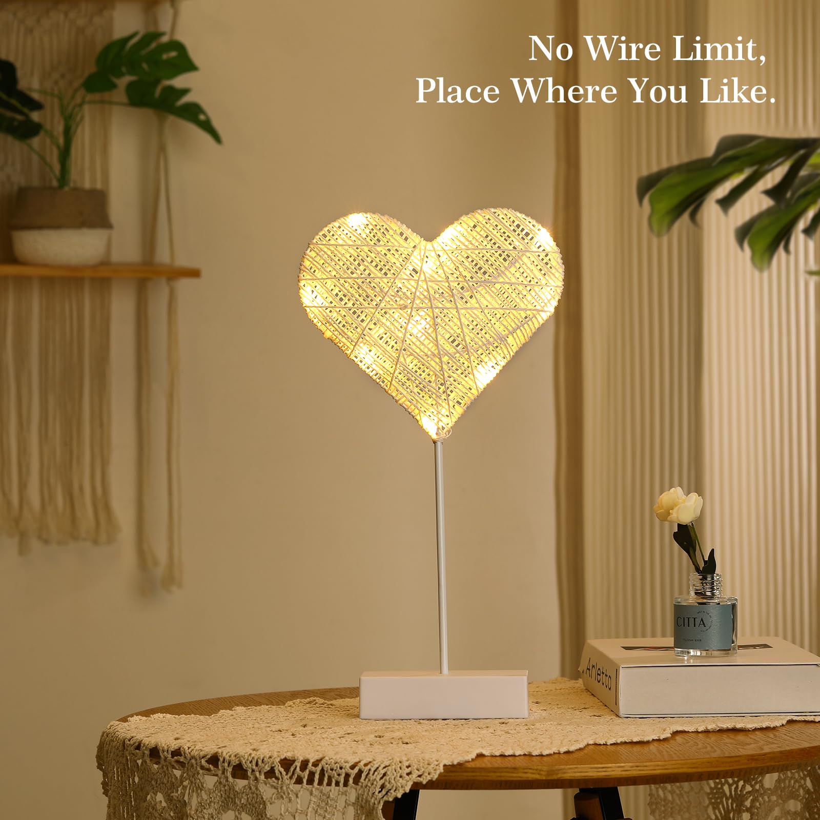Lewondr Decorative Table Lamp, Heart Led Light Winding Cotton Thread Night Lamp For Bedroom, Battery Powered Desk Lamp For Valentine'S Day Romantic Xmas Home Decorations Bedside Table Lamp, White
