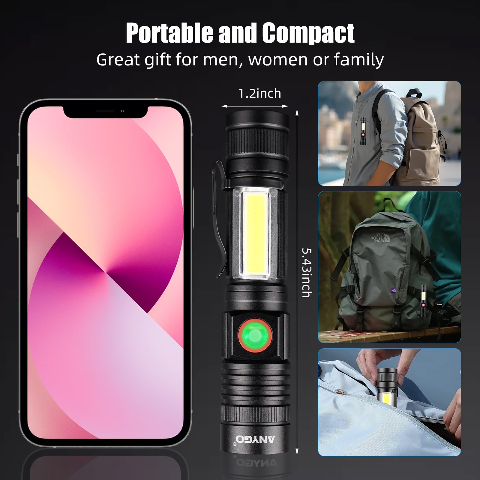 Anygo Rechargeable Usb Magnetic Led Flashlight High Lumens With Cob Sidelight, 1500Lm, Ip65 Waterproof, 4 Modes, Zoomable Linterna For Car, Camping, Repair And Emergence（2-Pack）