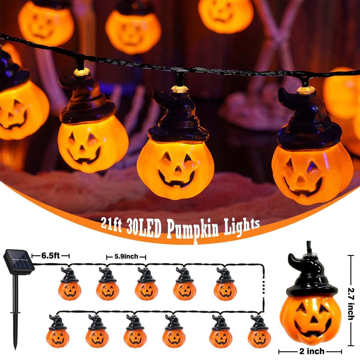 Ruexig Solar Pumpkin String Lights - 30 Led Spooky Outdoor Halloween Yard Decor For Porch & Camper Party