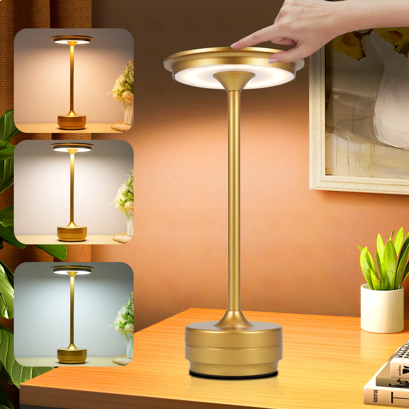 Lixada Cordless Table Lamp Led 4000Mah Battery Operated Lamp Touch Control Led Desk Lamp Bedside Nightstand Lamp 3 Light Colors Stepless Dimmable Rechargeable For Bar Restaurant Coffee Bedroom