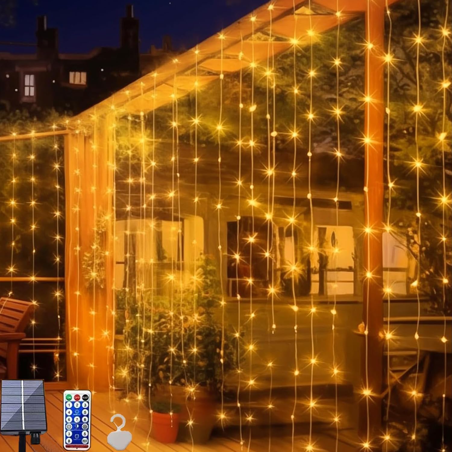 Mintssoul Solar Curtain Lights, 300 Led Outdoor Waterproof Solar Powered Waterfall String Lights For Patio Gazebo Garden With Remote Hanging Twinkle Curtain Fairy Lights For Backdrop