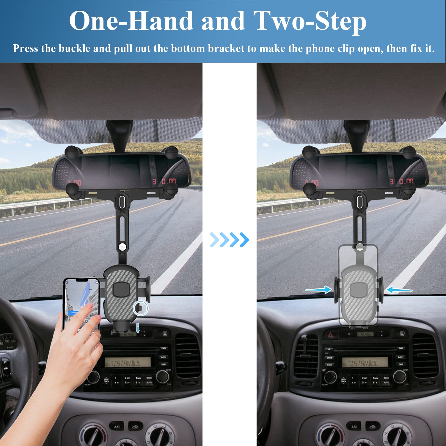 Miuolv Car Phone Holder For Rearview Mirror, 360 Rotatable And Retractable, Fits 4.0-7.0 Inch Smartphones, Mirror-Black
