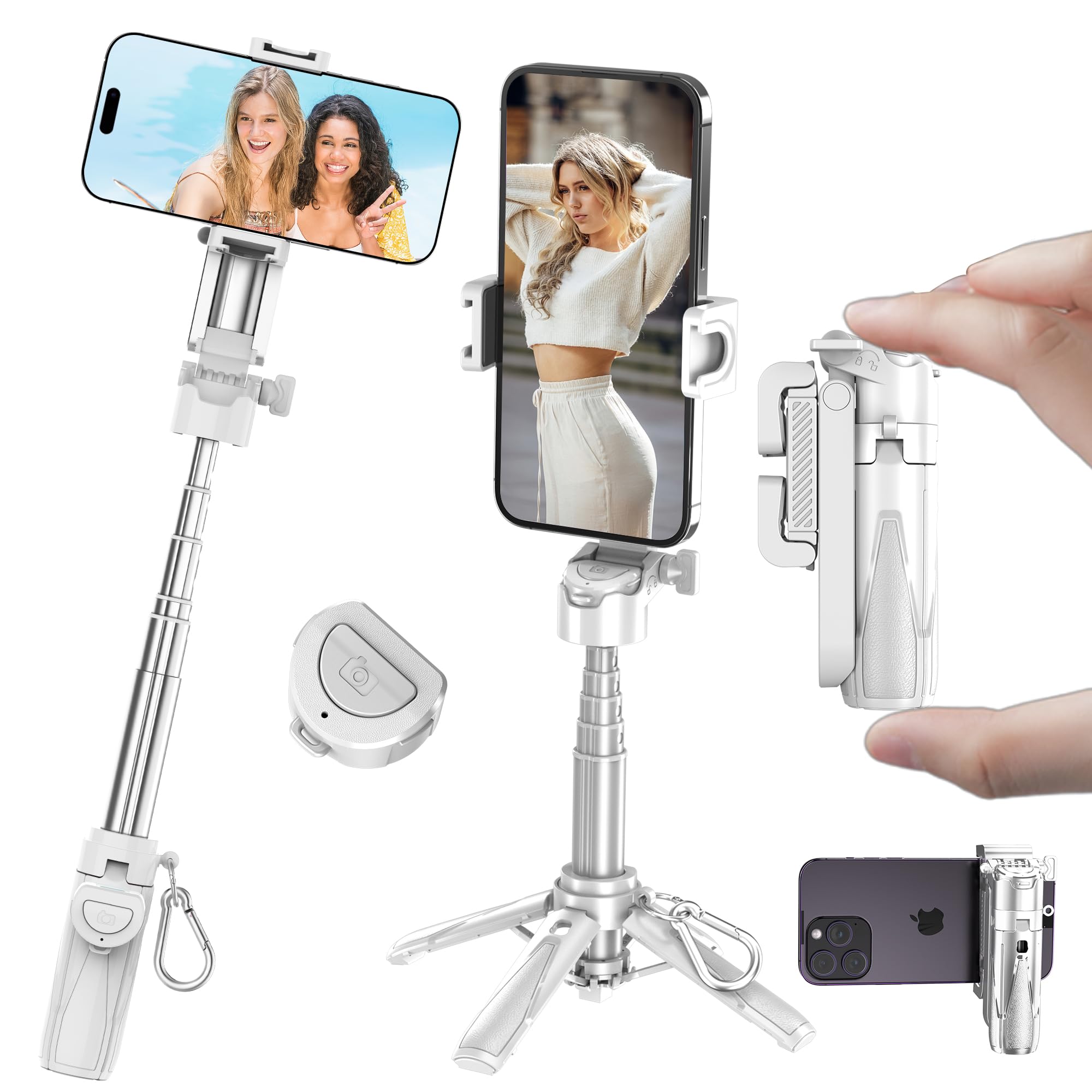 Eug-Products Mini Selfie Stick Tripod, Extendable Grip Phone Tripod With Detachable Remote Pocket Size, 4-In-1 Mini Phone Grip, 10M Wireless Shutter, Vlog Livestreaming Photography （White）