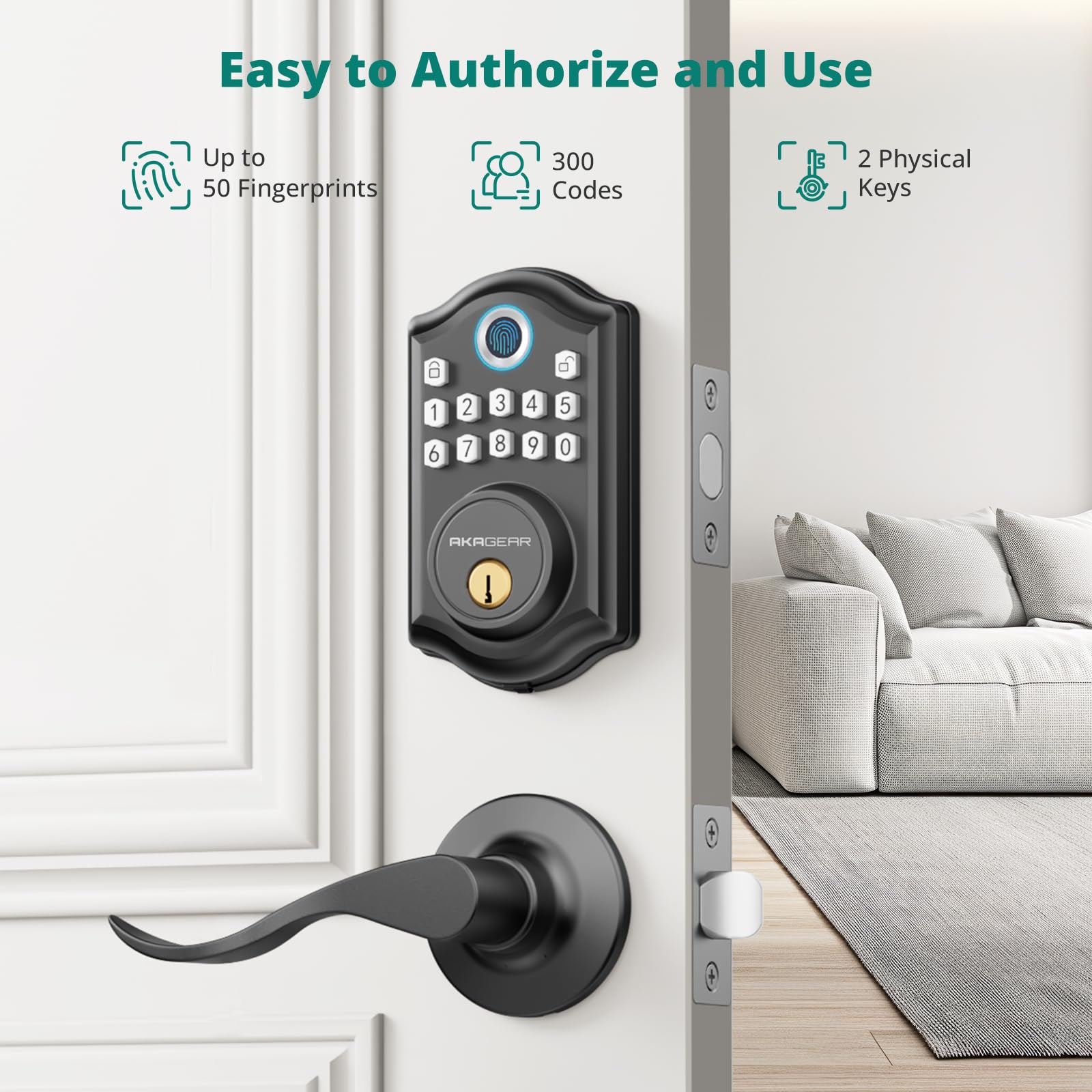 Akagear Keyless Entry Door Lock With Handle - 2 Lever Handles, Fingerprint Door Locks, Electronic Keypad Deadbolt, 2 Keys, Smart Doors Lock, Auto-Lock & One Touch Locking, Easy Installation