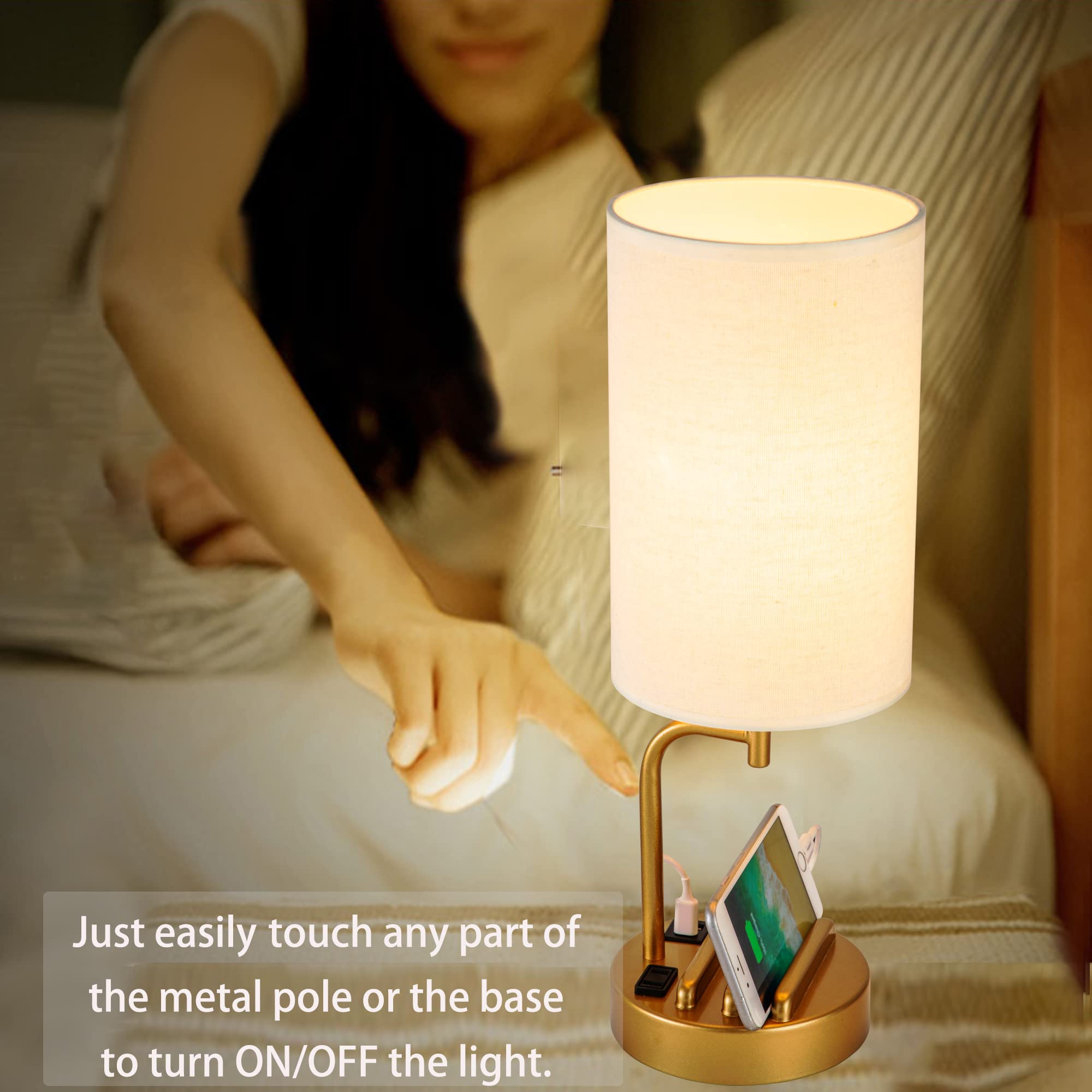 Dreamholder Touch Control Usb Table Lamp, 3-Way Dimmable Bedside Desk Lamp With Usb C & A Charging Ports And Ac Outlet, Nightstand Lamp For Bedroom, Dimmable Bulb Included, Gold