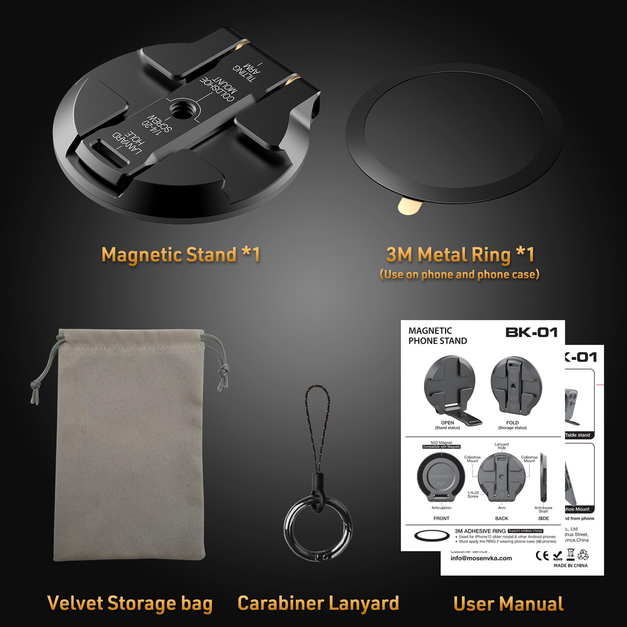 Mosenvka Magnetic Phone Tripod Mount Ultrathin Cell Phone Grip Stand For Iphone 16/15/14/13/12 Series,Foldable Ring Holder Rotatable Kickstand With 1/4" Screw&Cold Shoe For Tripod/Camera 1/4 Mount