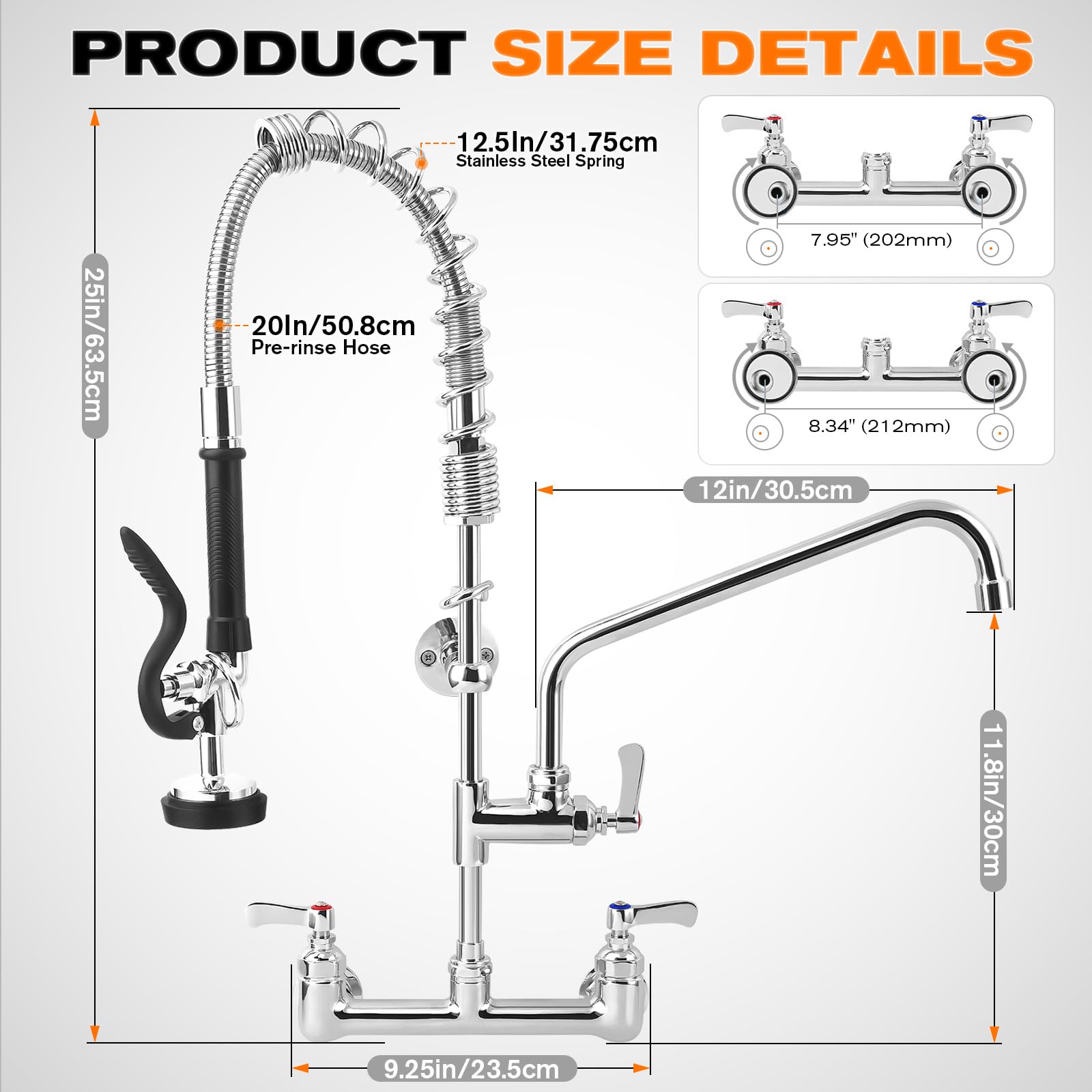 Bzimak 25" Height Commercial Faucet With Sprayer, 8" Adjustable Center & 12" Add-On Swing Spout, Wall Mount Pre-Rinse Faucet Installation Kit For Restaurant Kitchen