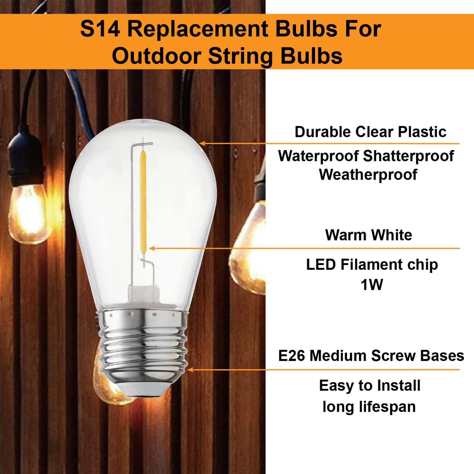 Abulber 25 Pack S14 Led Outdoor String Light Replacement Bulbs,Clear Plastic,Shatterproof,Waterproof.1 Watt To Replace 11 Watts Incandescent Bulb,120V 2700K E26,Warm White