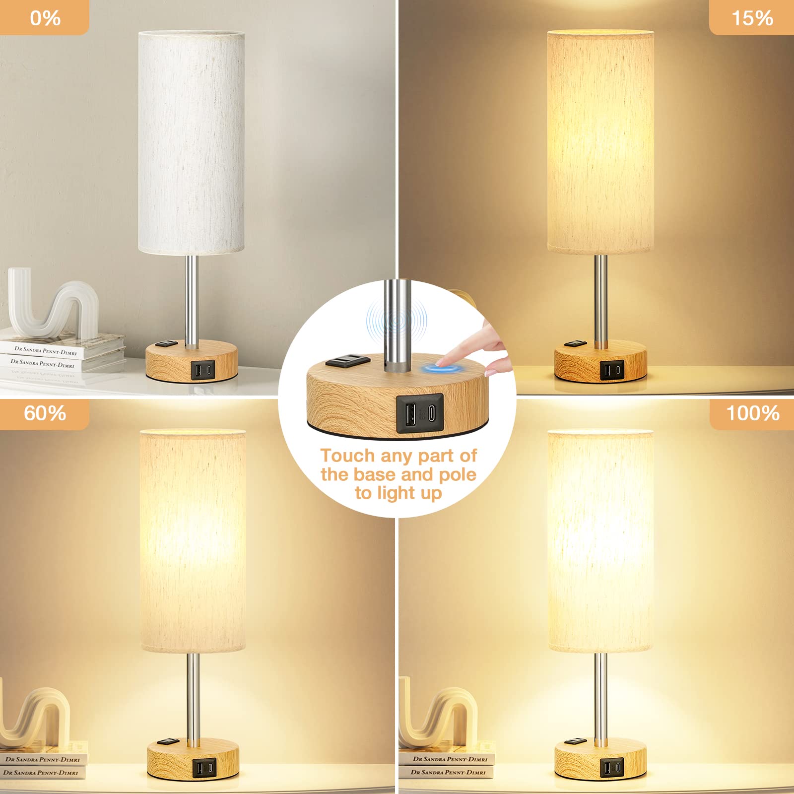 Fenmzee Bedside Table Lamp For Bedroom - 3 Way Dimmable Touch Lamp Usb C Charging Ports And Ac Outlet, Small Lamp Wood Base Round Flaxen Fabric Shade For Living Room, Desk, Led Bulb Included