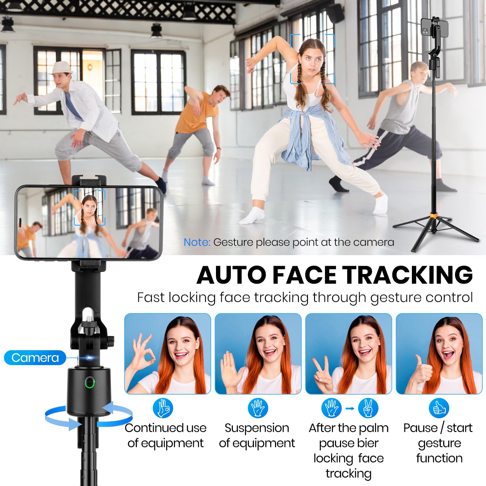 Suteng Auto Face Tracking Tripod 360°Rotation Rechargeable Phone Tripod Stand 70" Extendable Smart Shooting Phone Stand With Remote And Gesture Control, No App, For Iphone Vlog Live Video Recording.