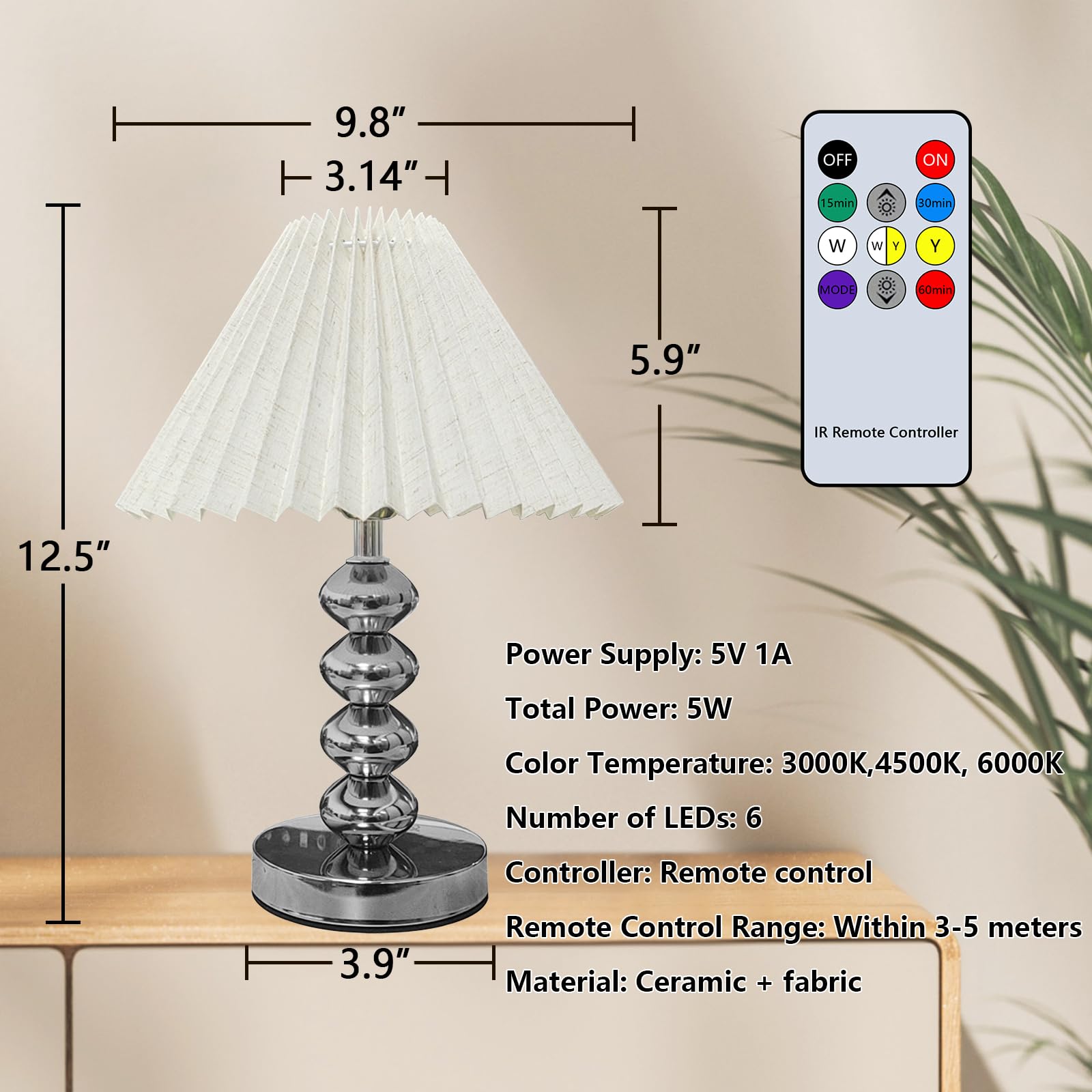 Aoteam Small Pleated Table Lamp, Modern Metal Base Nightstand Lamp With Beige Fabric Shade, Ideal For Bedroom, Living Room, Kids Room, And Study, A Cute Accent Lamp For Cozy Lighting (Silver)