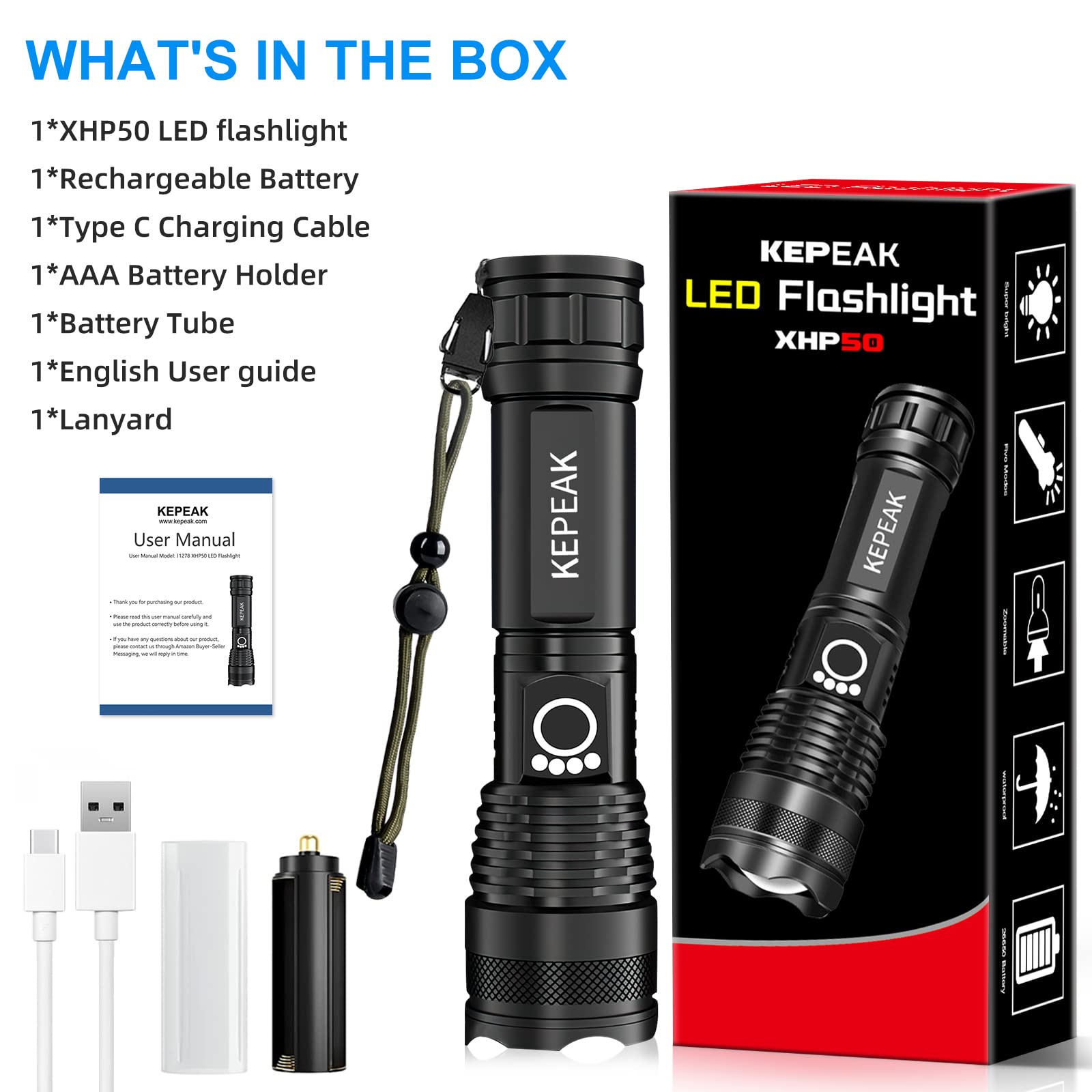 Kepeak Flashlight, Rechargeable 5000 High Lumen Tactical Handheld Waterproof Zoomable Led Flashlight With 5 Light Modes For Emergency, Camping And Hiking