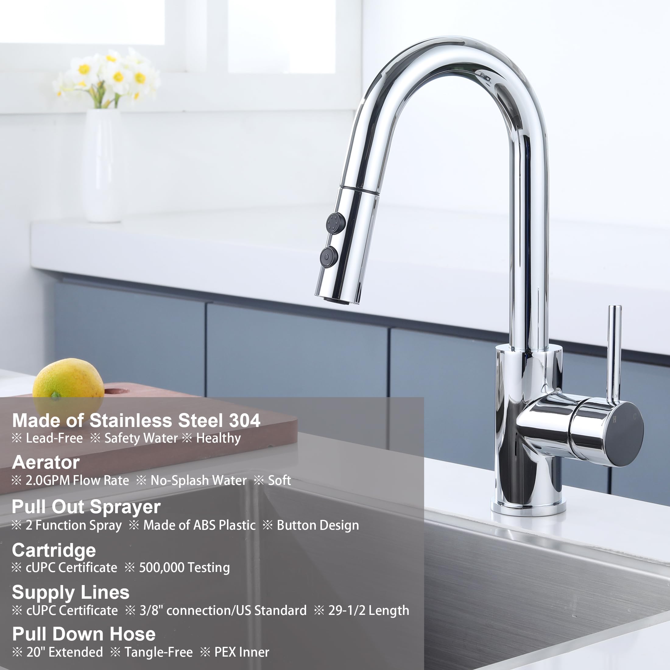 Jxmmp Chrome Bar Faucet Single Hole, Single Handle Stainless Steel Bar Sink Faucets With Pull Out Sprayer, Modern Small Pull Down Kitchen Sink Faucet With Cupc Supply Hose Jxm102Cp