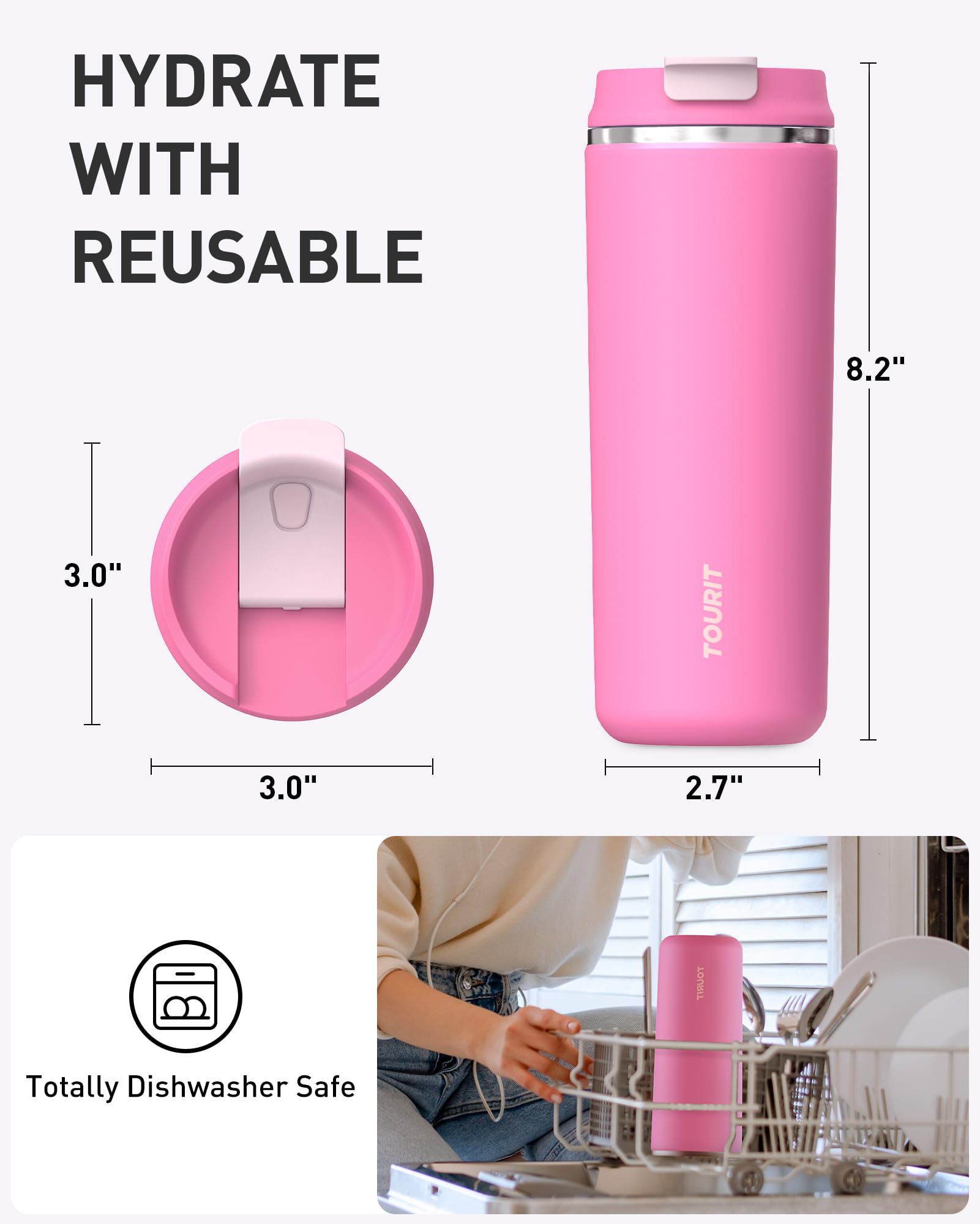 Tourit 16 Oz Insulated Stainless Steel Travel Mug With Lid, Leak-Proof Double-Wall Vacuum Tumbler