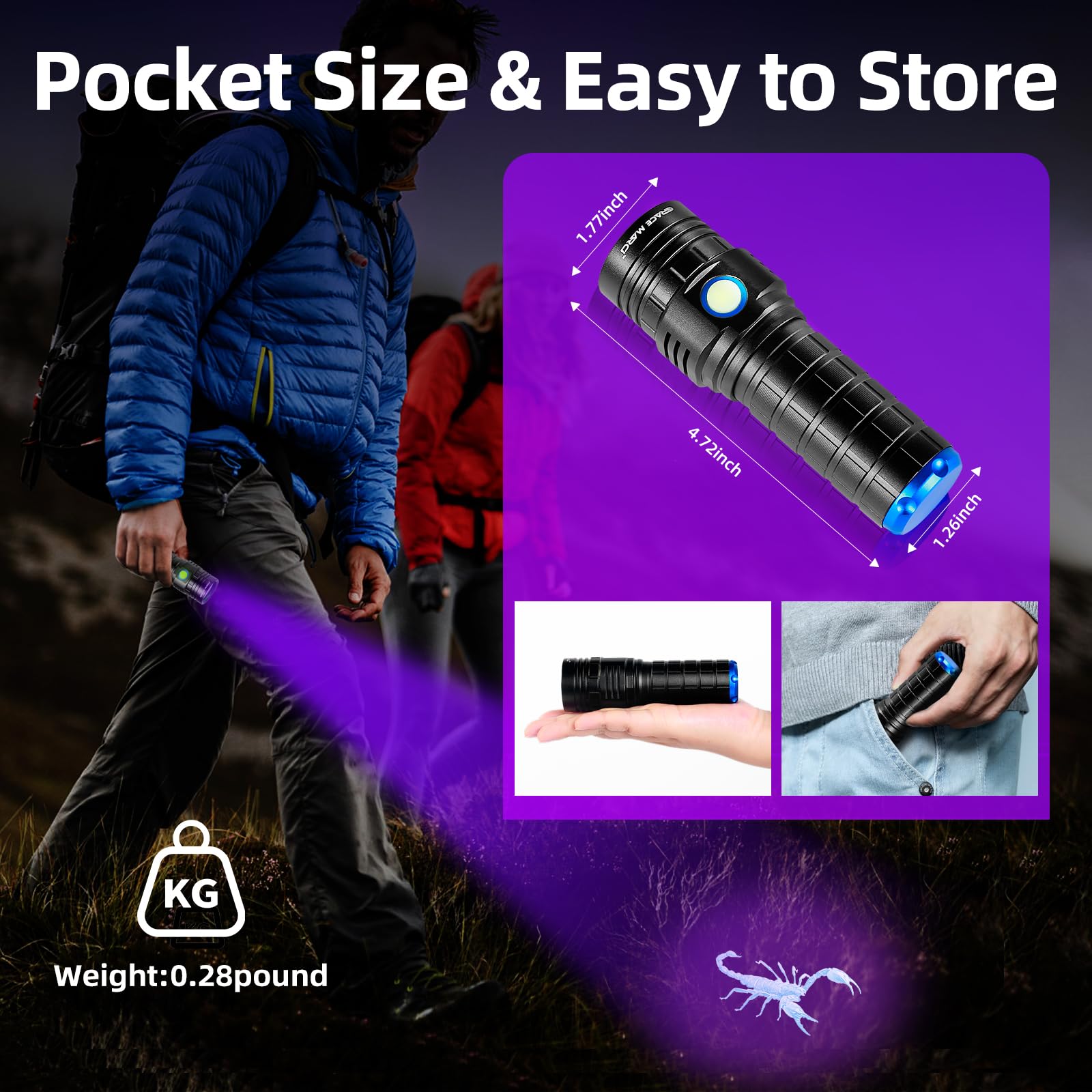 Grace Marci 365Nm Black Light Flashlight, 50W Powerful Small Uv Flashlight Rechargeable, Bed Bug Uv Light, Pet Urine Detector For Dog/Cat Urine, Dry Stains, Bed Bug, Scorpion, Dry Pet Stains