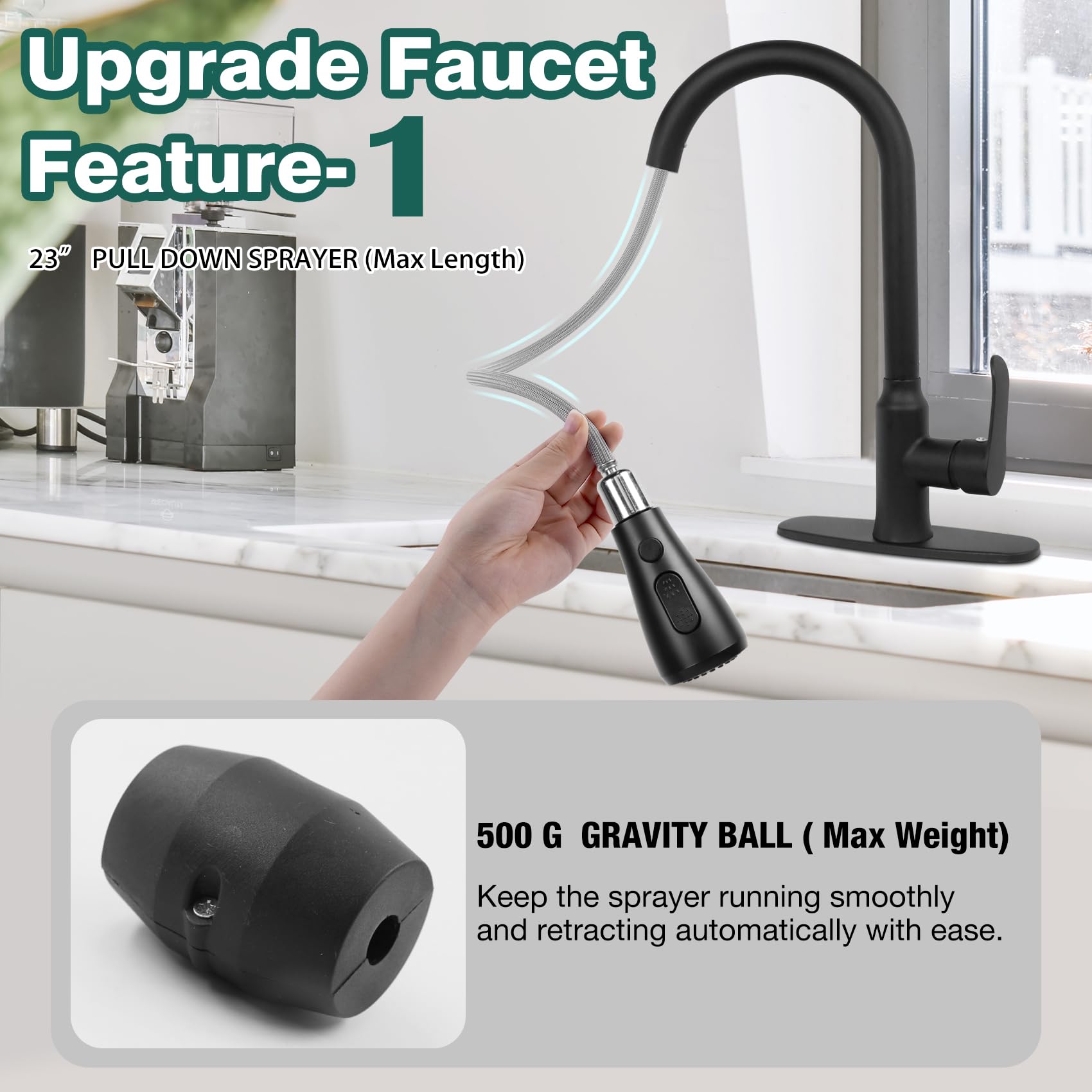Makein Black Kitchen Sink Faucet, Kitchen Faucet With Pull Down Sprayer, Stainless Steel Single Handle Faucet For Kitchen Sink With Deck Plate, Fitted For Rv, Bar, Laundry, Apartments, Farmhouse